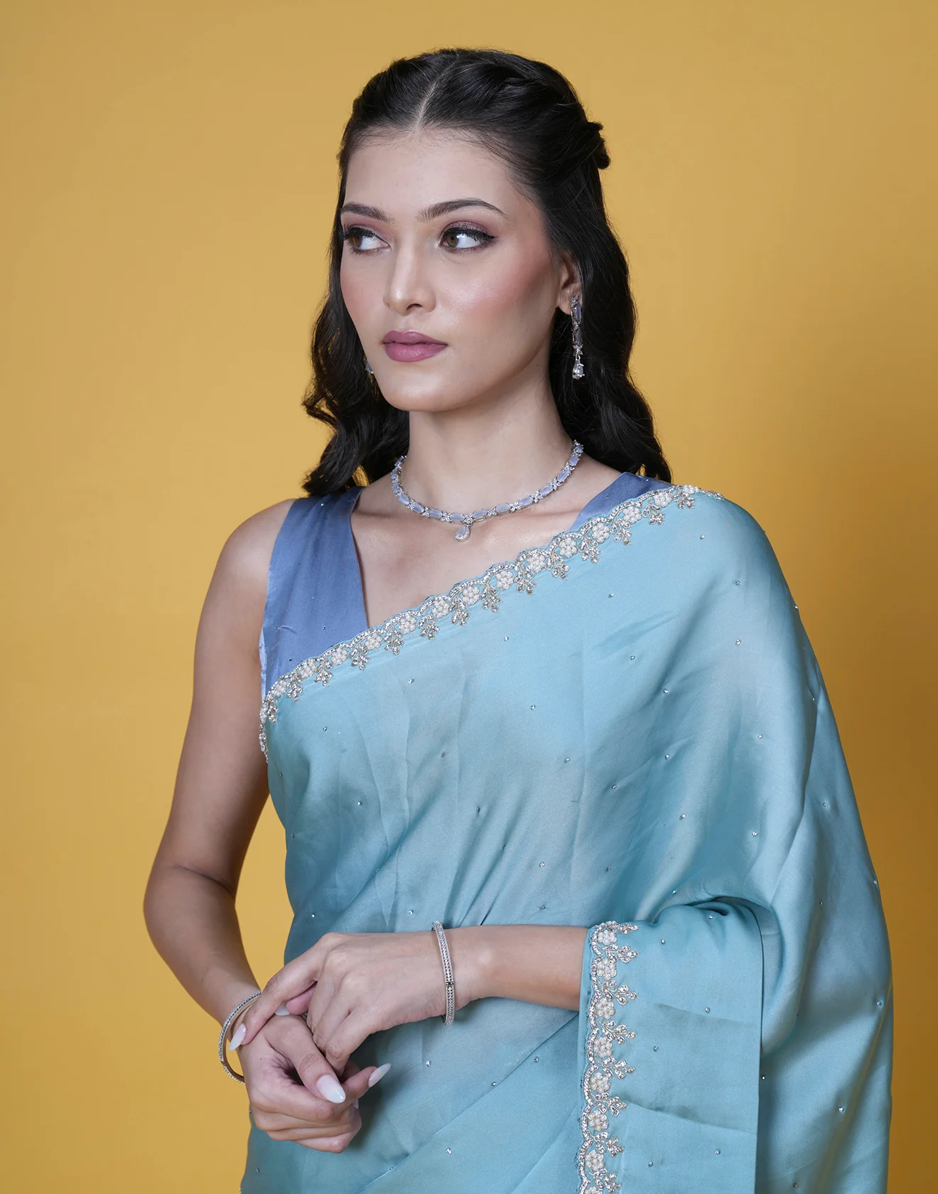 Ocean Reef Satin Embellished Saree - Image 3