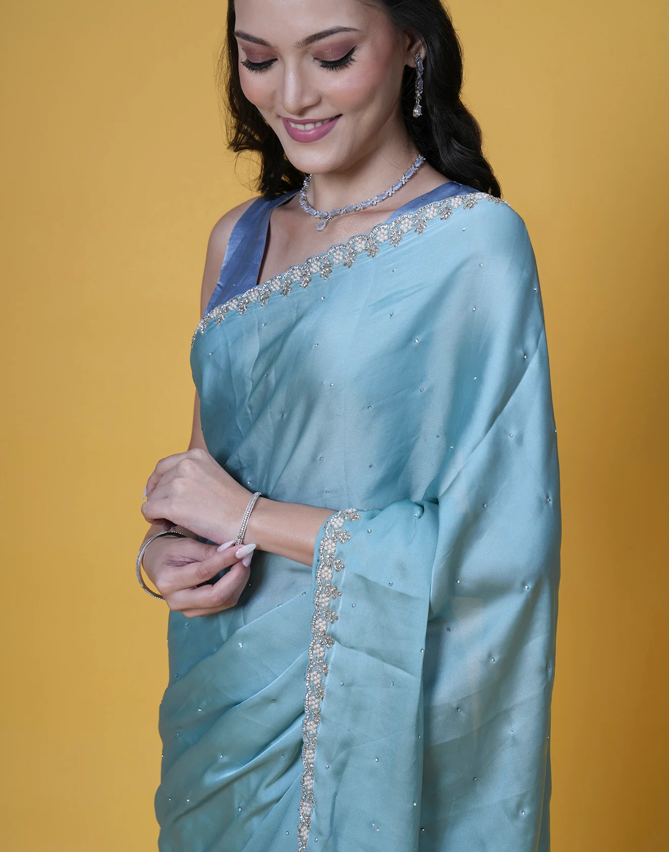 Ocean Reef Satin Embellished Saree - Image 4