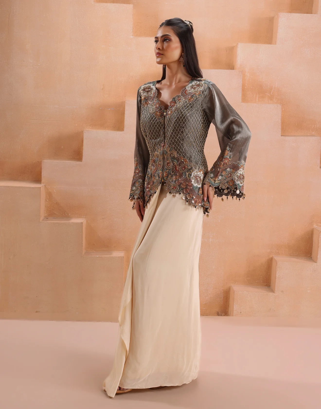 Olive Green Embellished Zipper Koti With Pleated Drape Skirt Set - Image 3