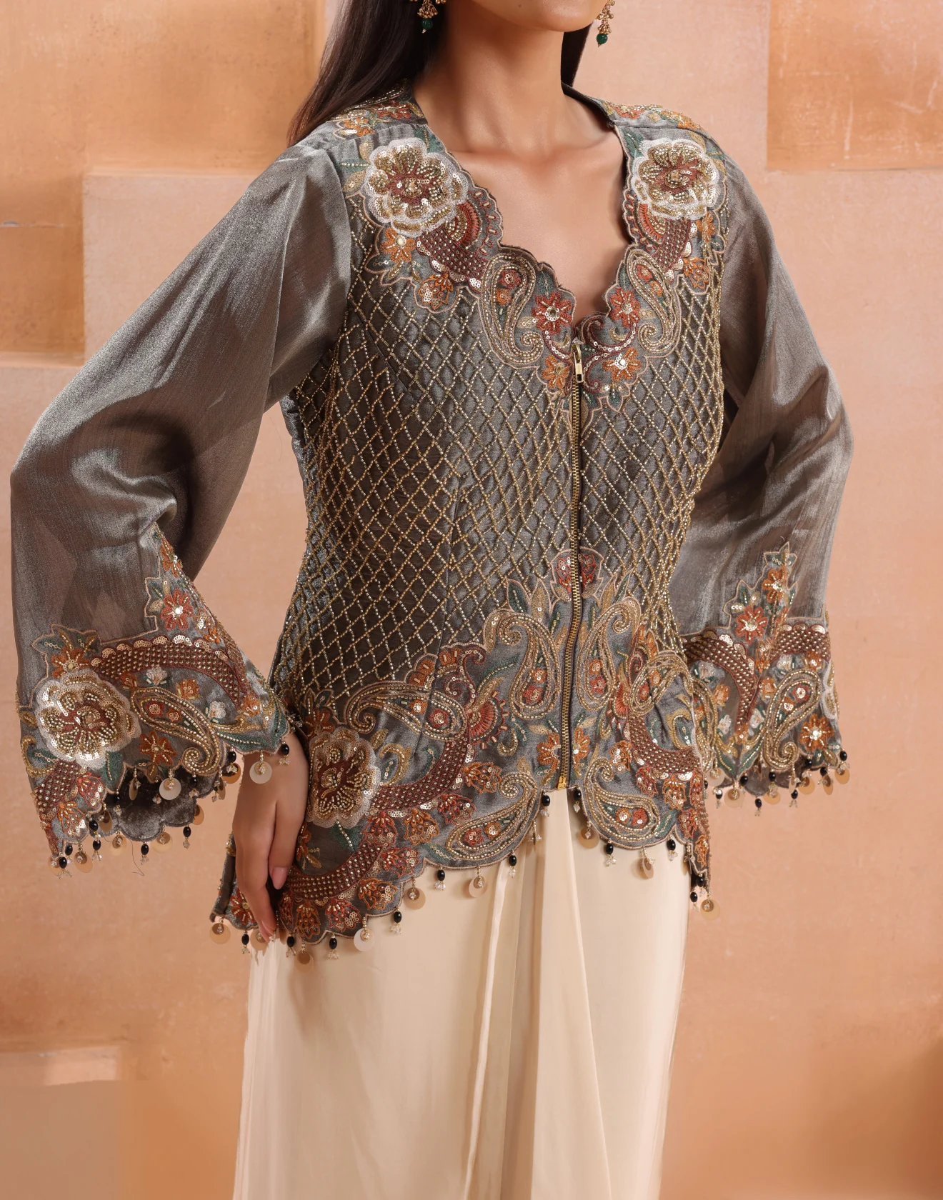 Olive Green Embellished Zipper Koti With Pleated Drape Skirt Set - Image 4