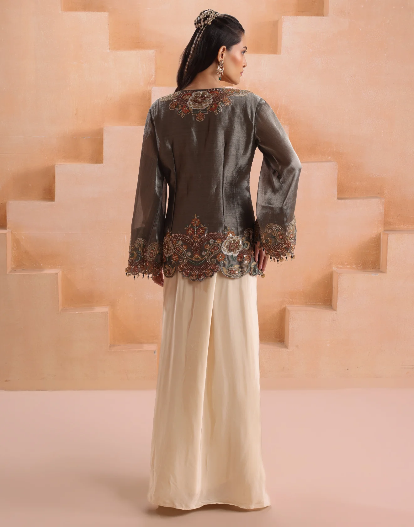 Olive Green Embellished Zipper Koti With Pleated Drape Skirt Set - Image 5