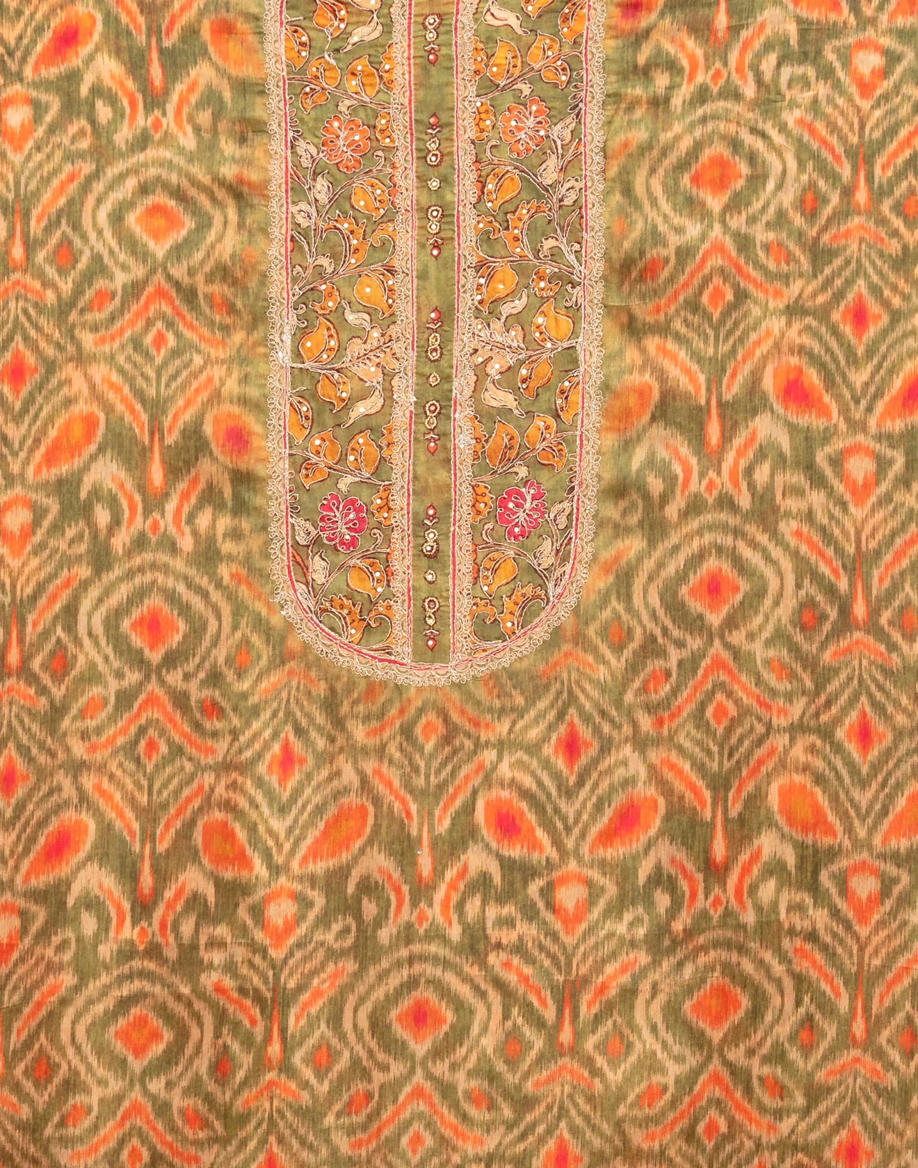 Olive Green Ikkat And Kalamkari Printed Silk Unstitched Suit Set - Image 3
