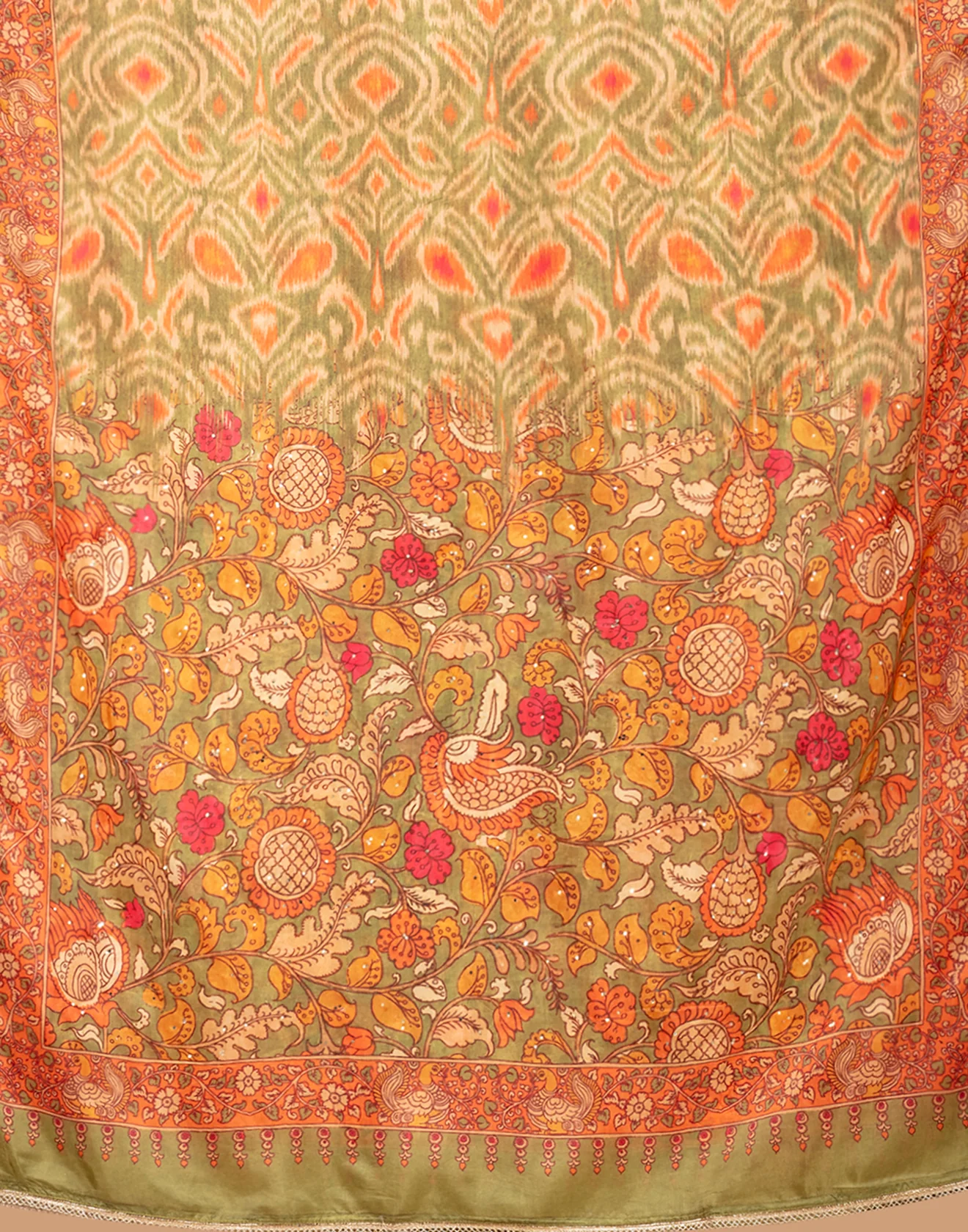 Olive Green Ikkat And Kalamkari Printed Silk Unstitched Suit Set - Image 5