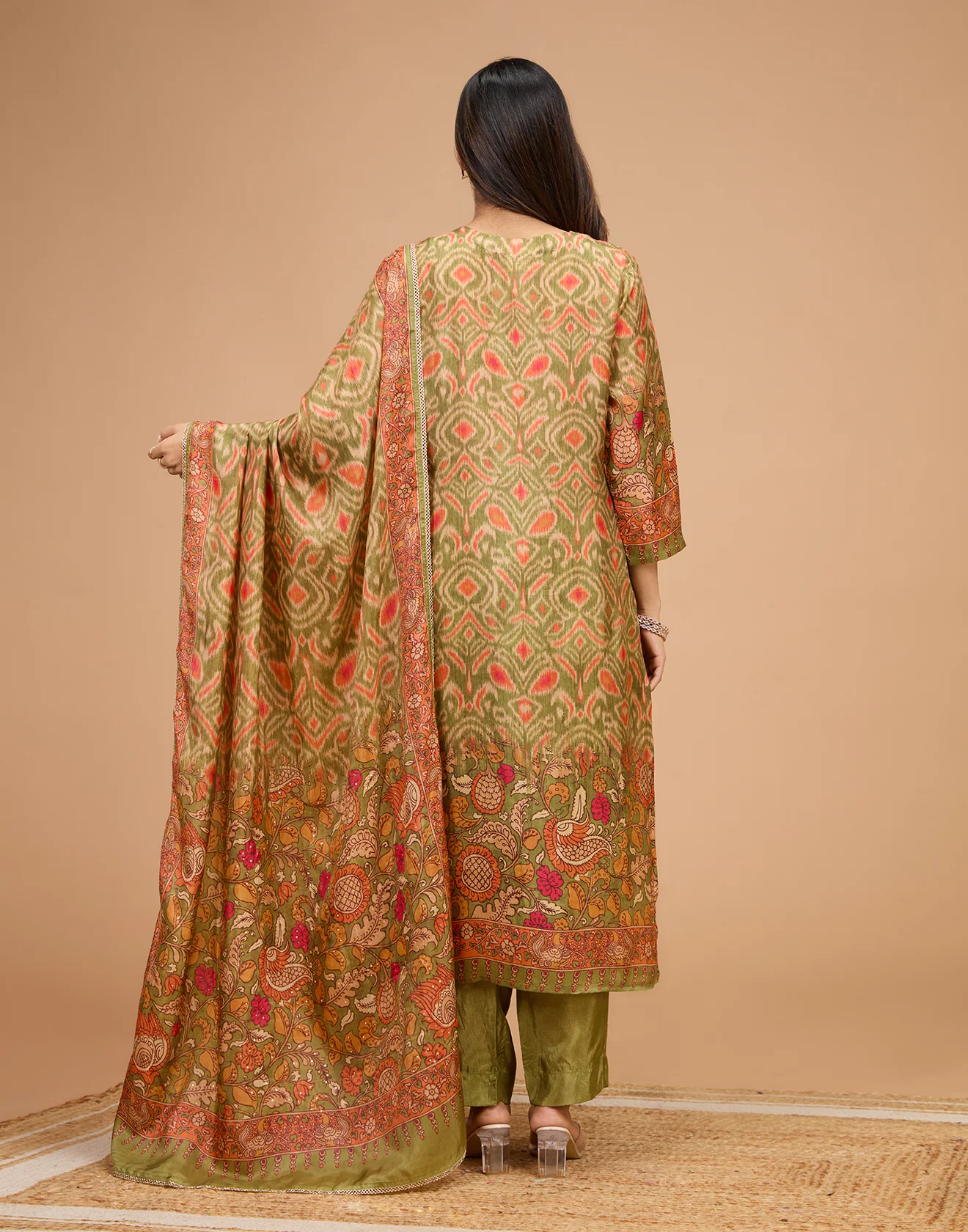 Olive Green Ikkat And Kalamkari Printed Silk Unstitched Suit Set - Image 6