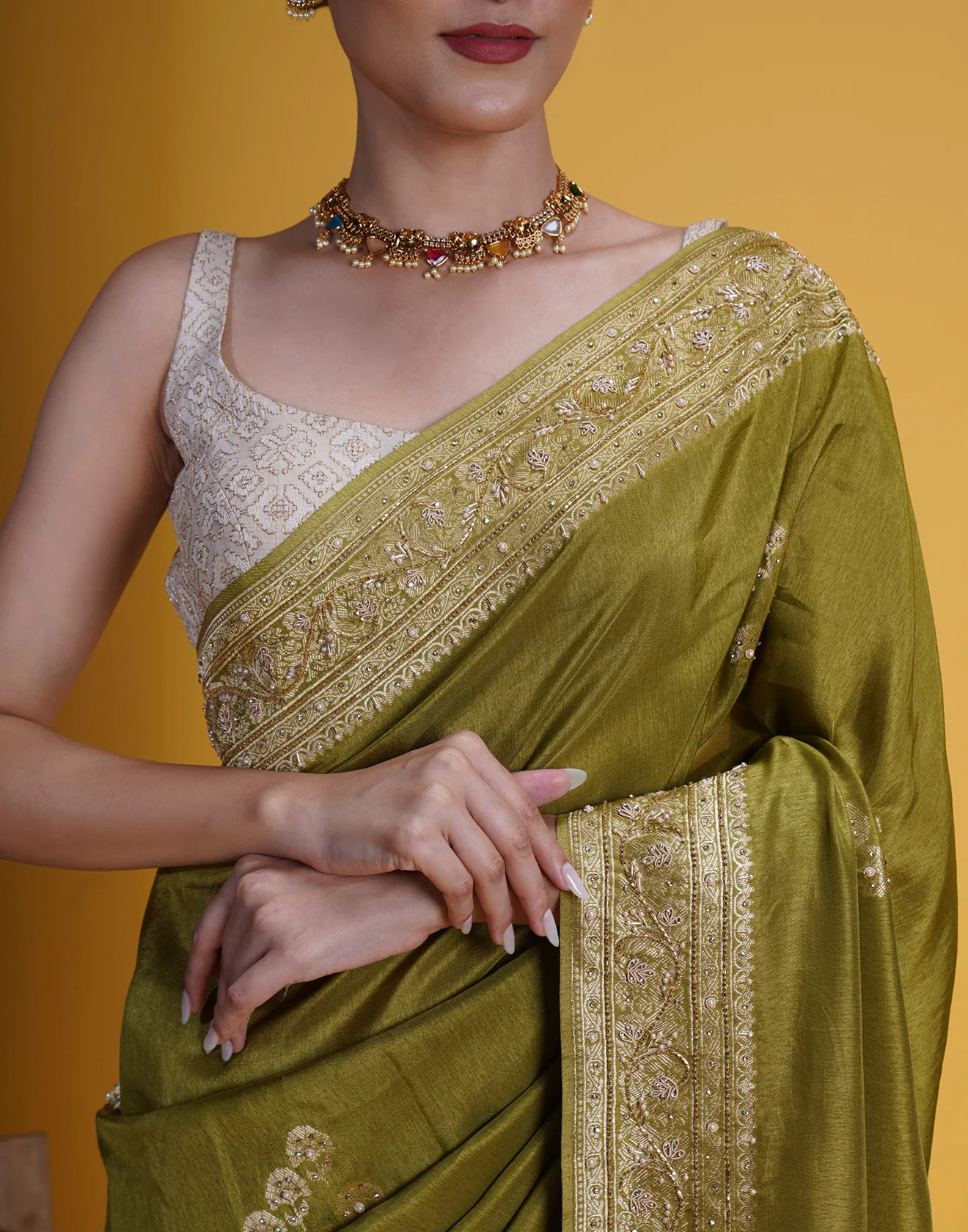 Olive Green With Antique Gold Weave Dola Silk Saree - Image 3