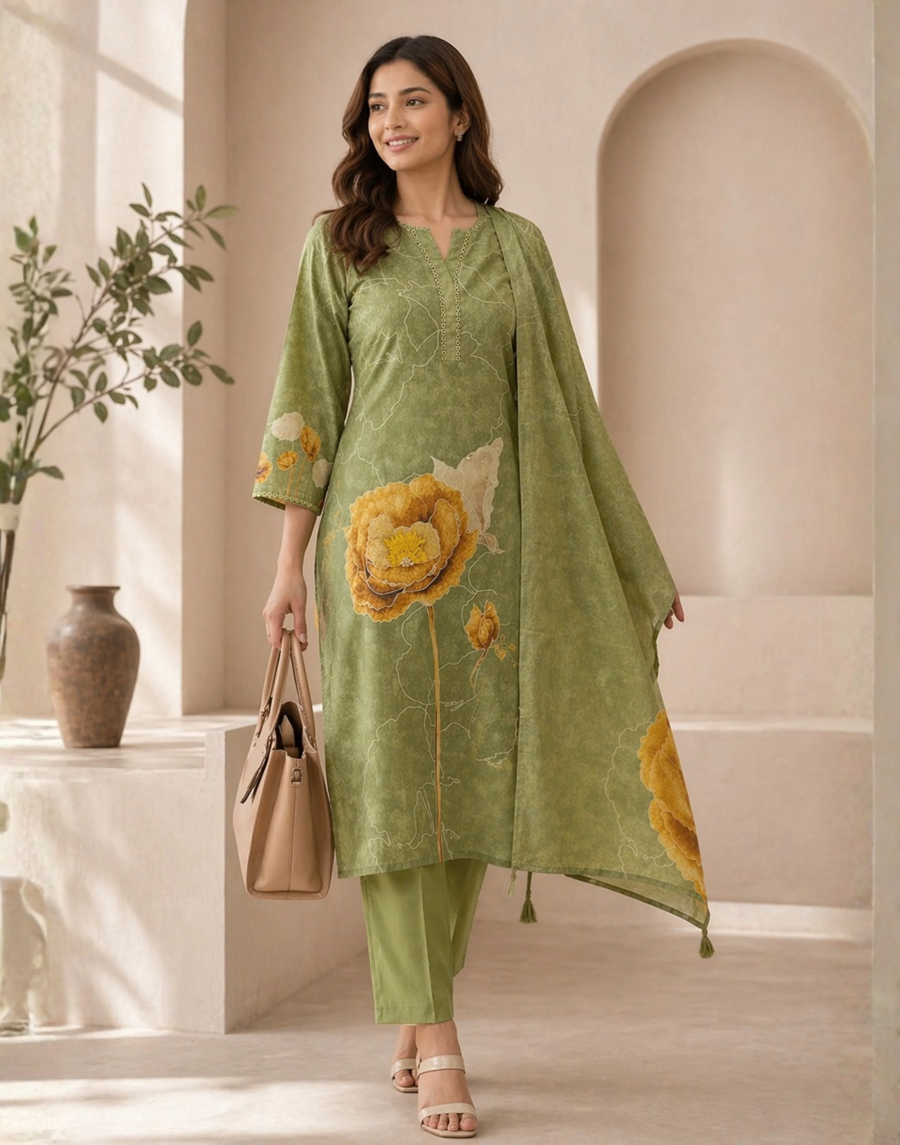 Olive Matcha Summer Linen Kurta Set