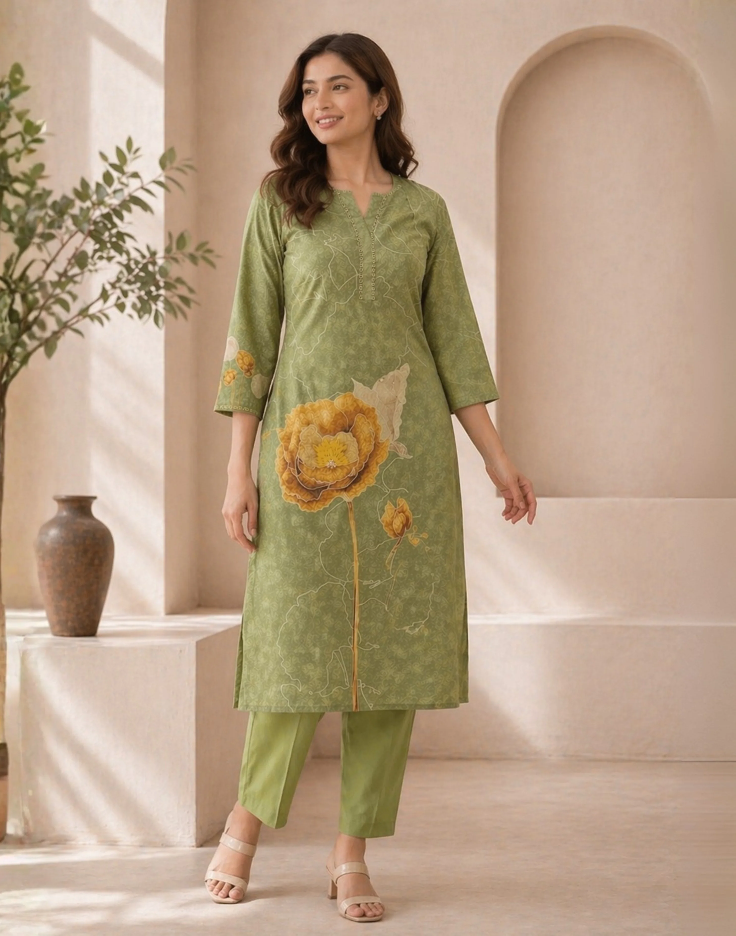 Olive Matcha Summer Linen Kurta Set - Image 2
