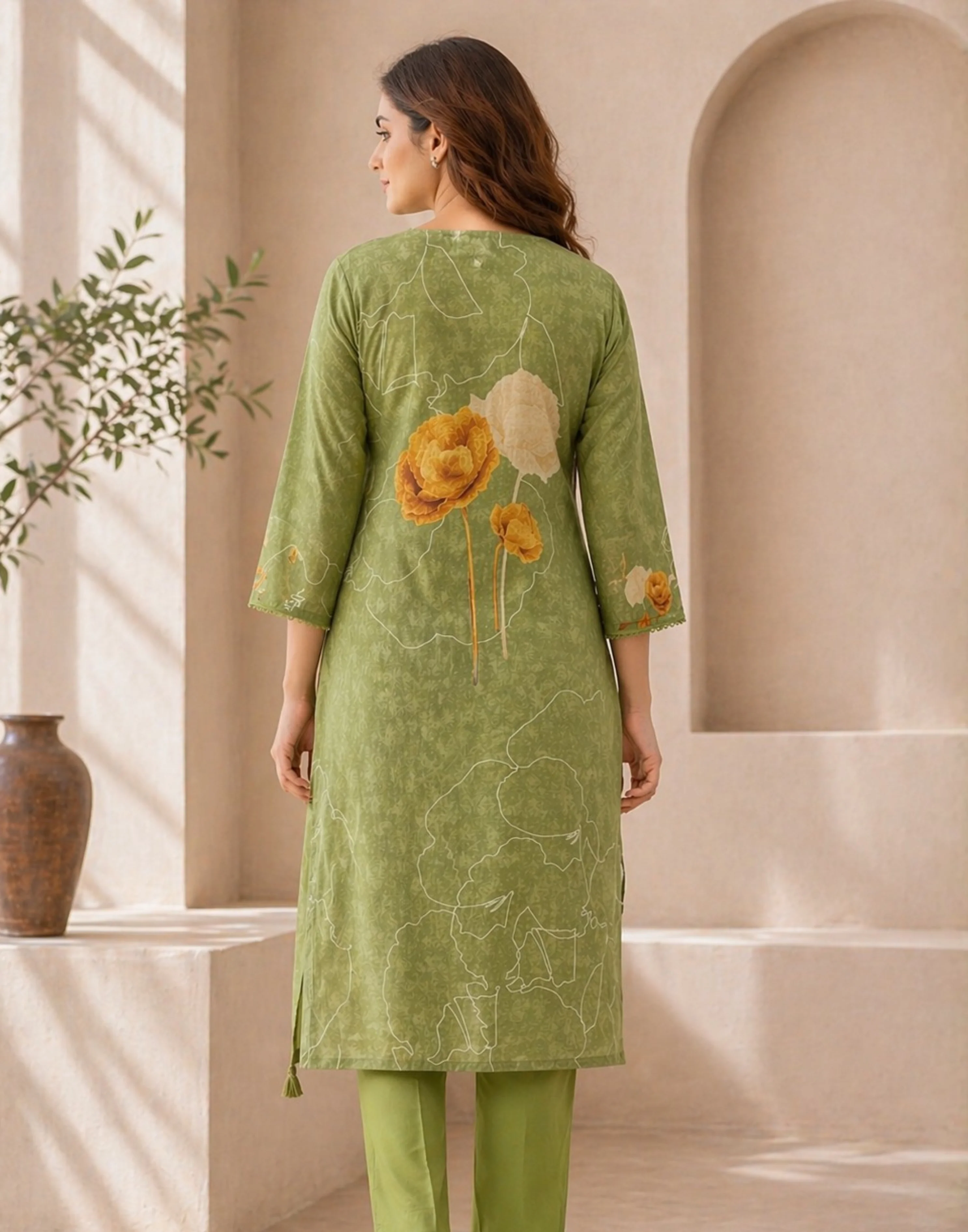 Olive Matcha Summer Linen Kurta Set - Image 3