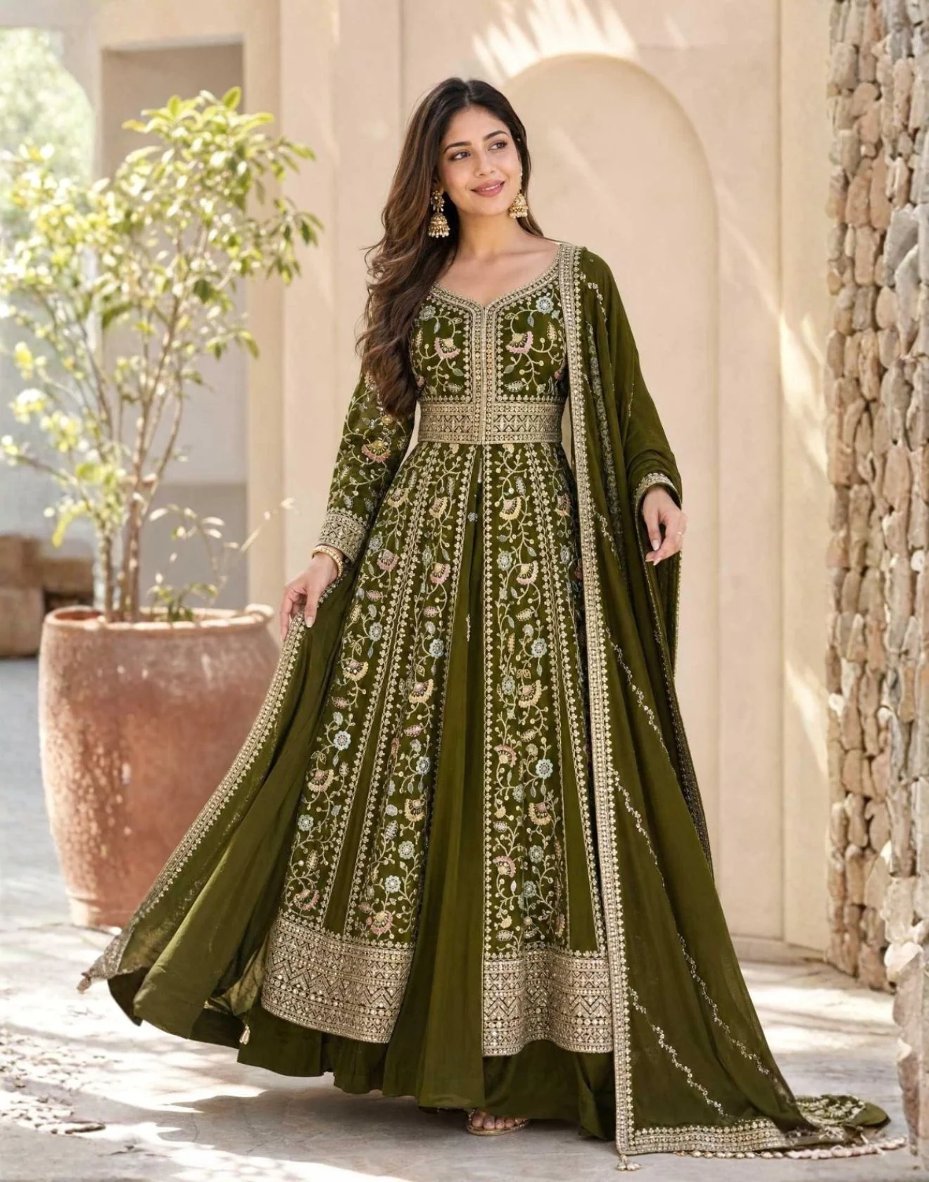 Olive Royale Thread Embroidered Anarkali Suit Set