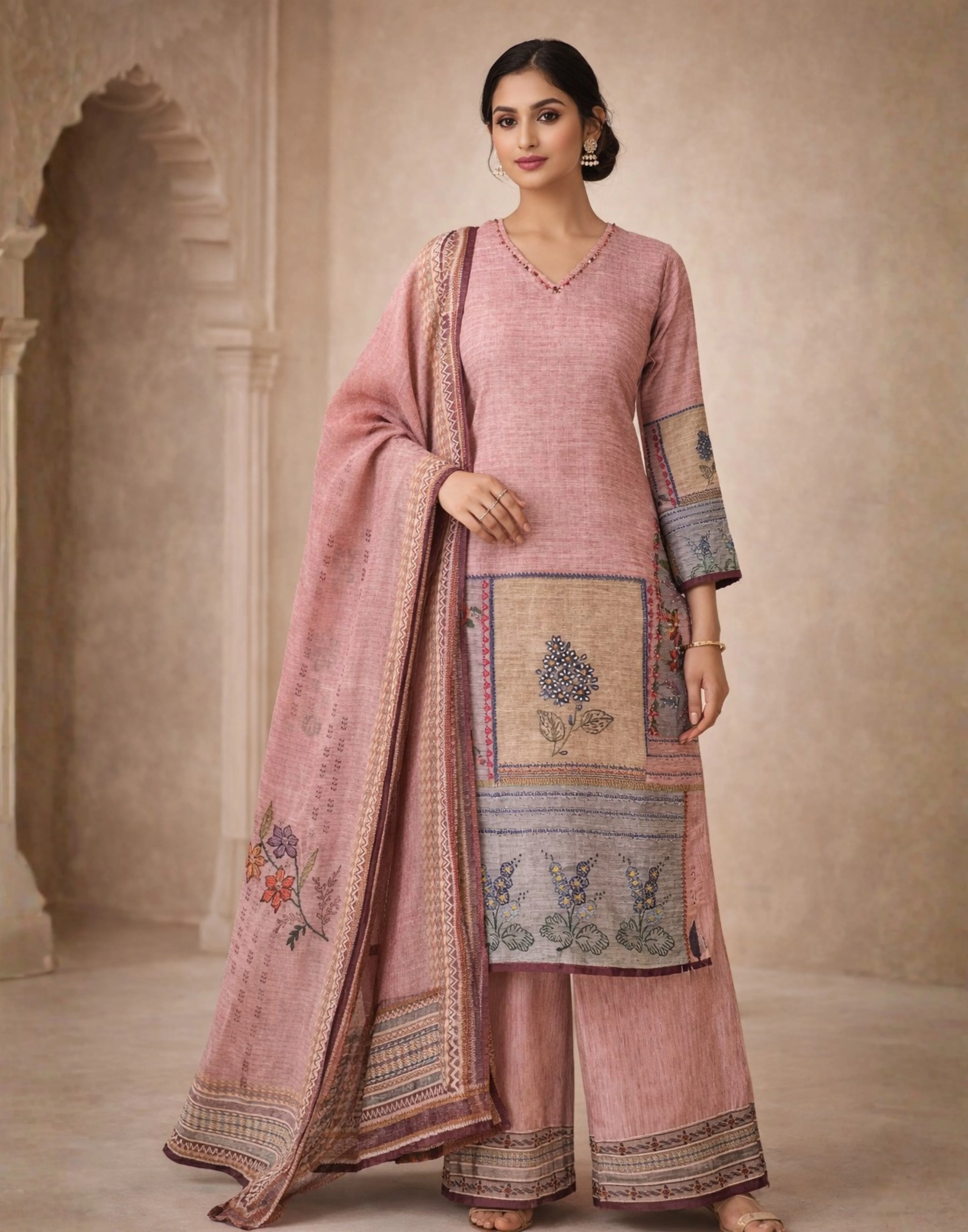 Onion Pink Linen Kurta With Wide Leg Pant & Dupatta Set