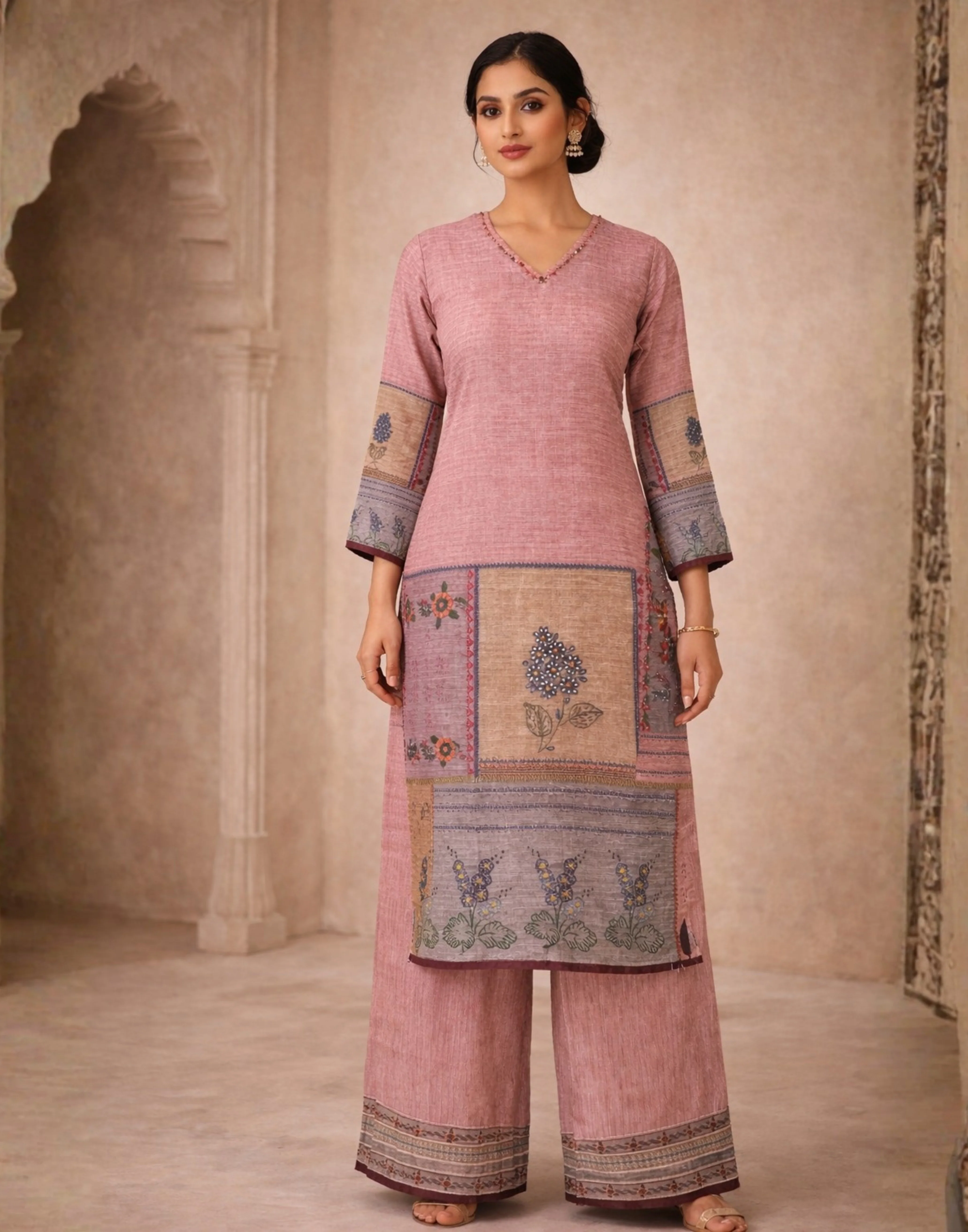 Onion Pink Linen Kurta With Wide Leg Pant & Dupatta Set - Image 3