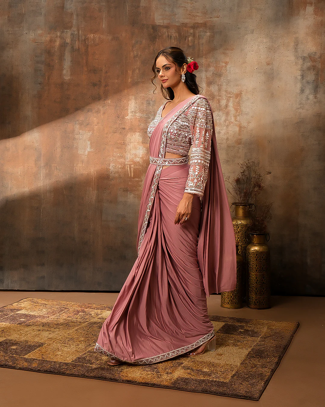 Onion Pink Lycra Pre-Draped Saree With Embellished Blouse - Image 2
