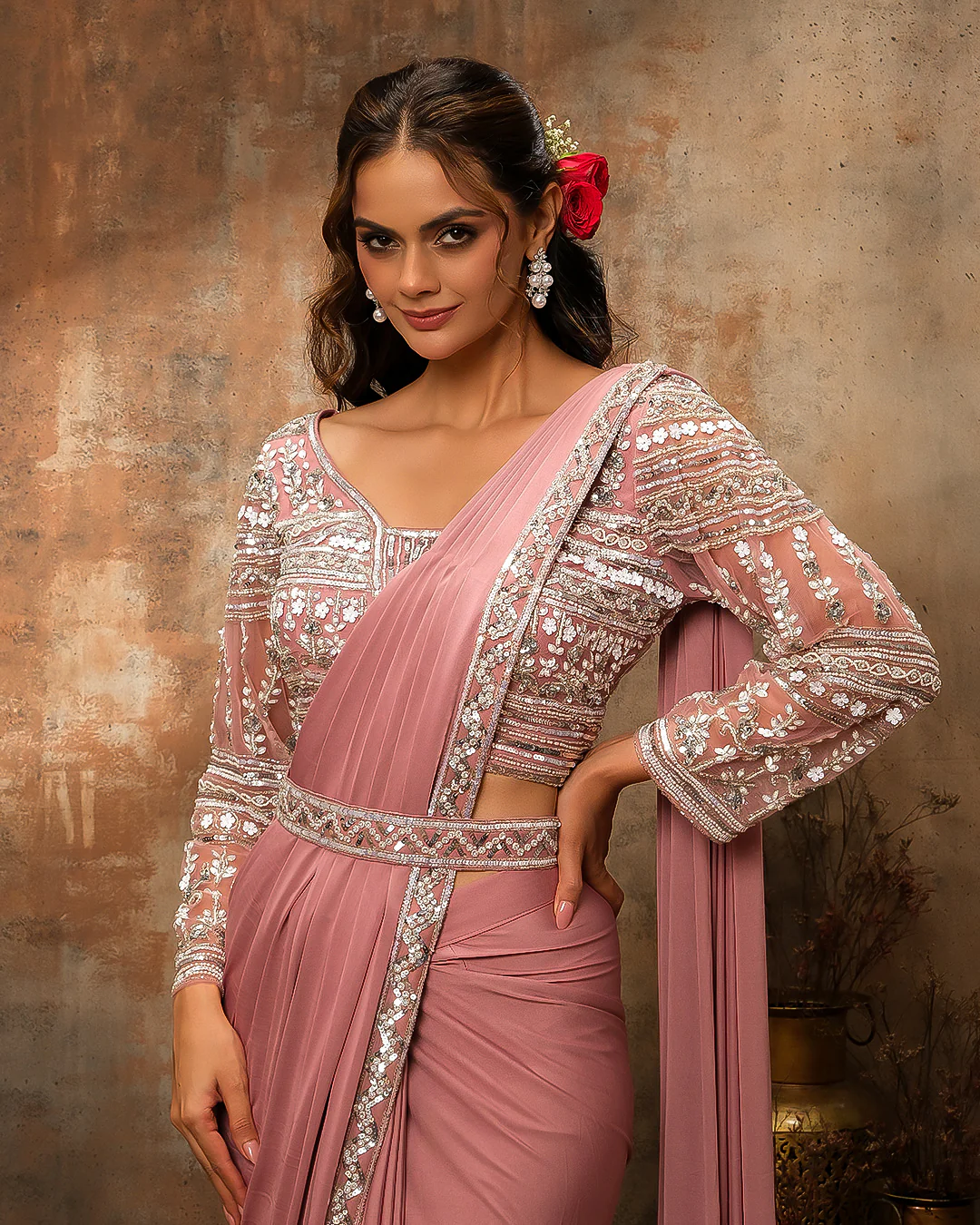 Onion Pink Lycra Pre-Draped Saree With Embellished Blouse - Image 3
