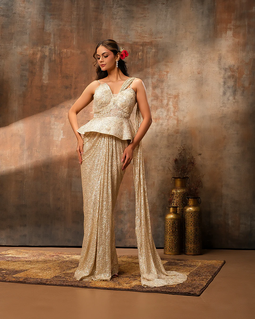 Opulent Champagne Embellished Corset Peplum Pre-Draped Saree