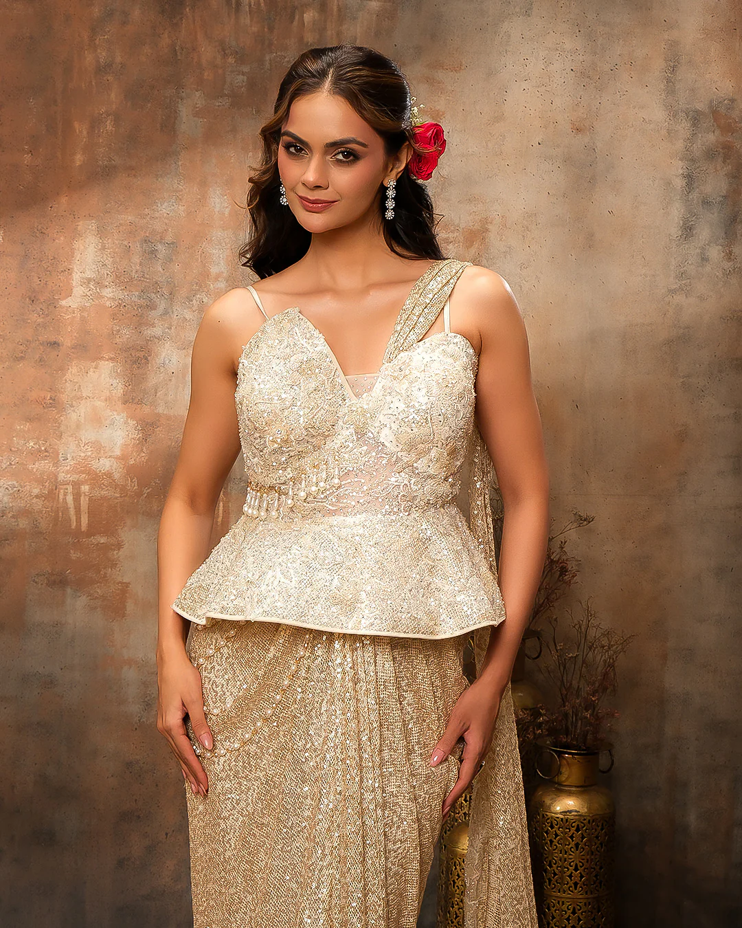 Opulent Champagne Embellished Corset Peplum Pre-Draped Saree - Image 3
