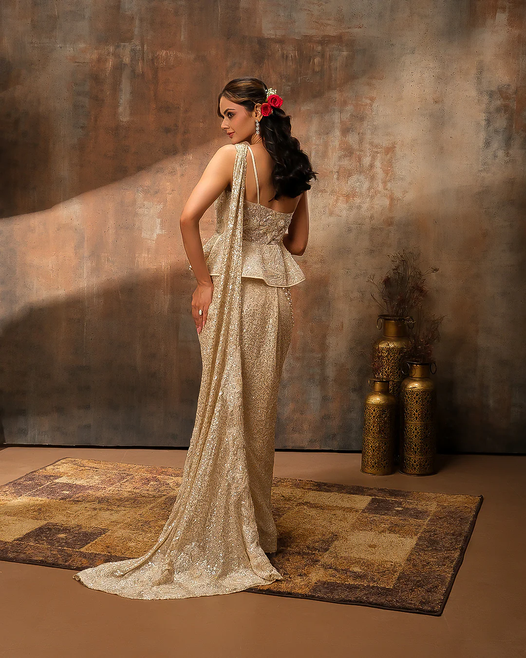 Opulent Champagne Embellished Corset Peplum Pre-Draped Saree - Image 5