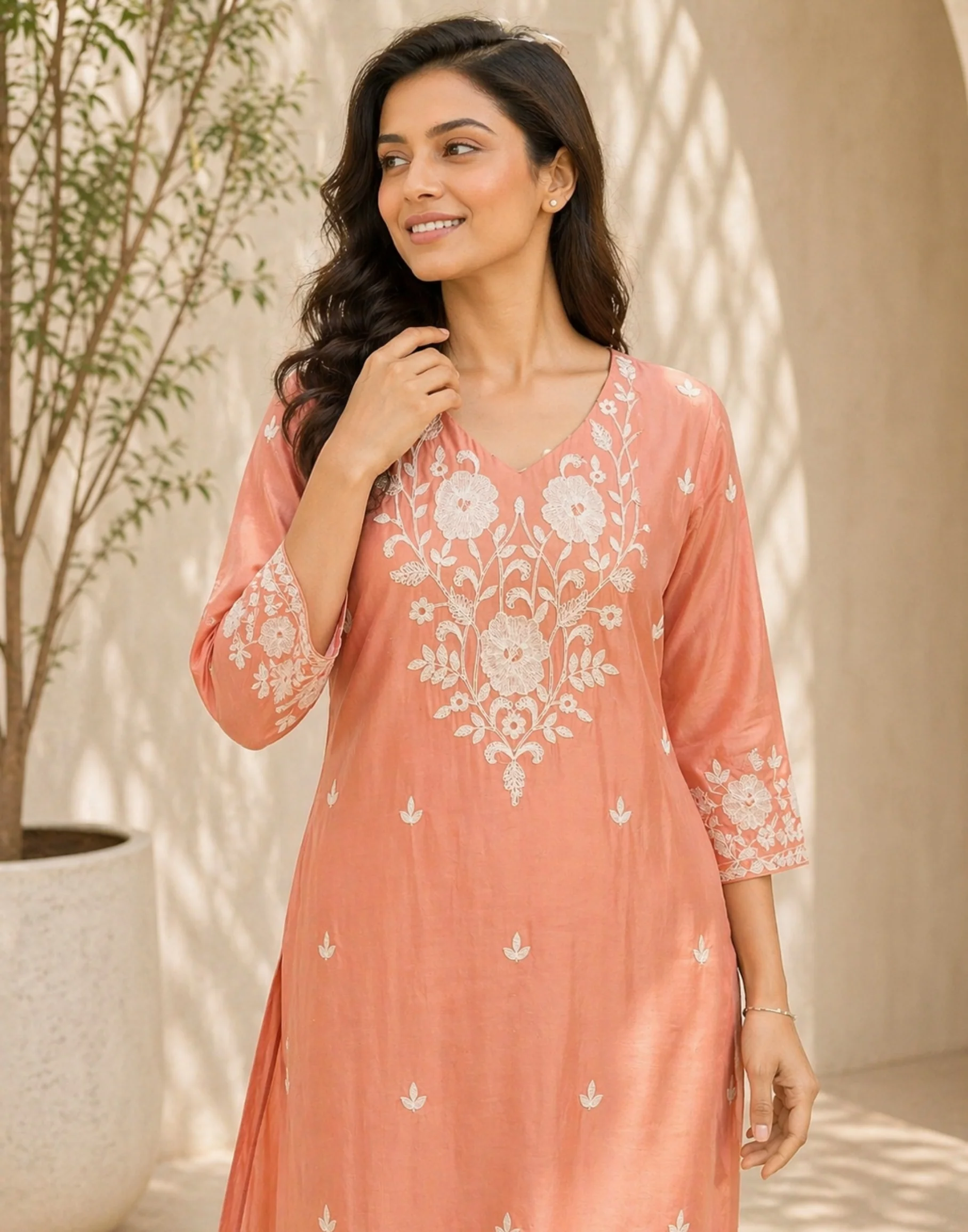 Organic Peach Cotton Silk Embroidered Kurta Set - Image 2