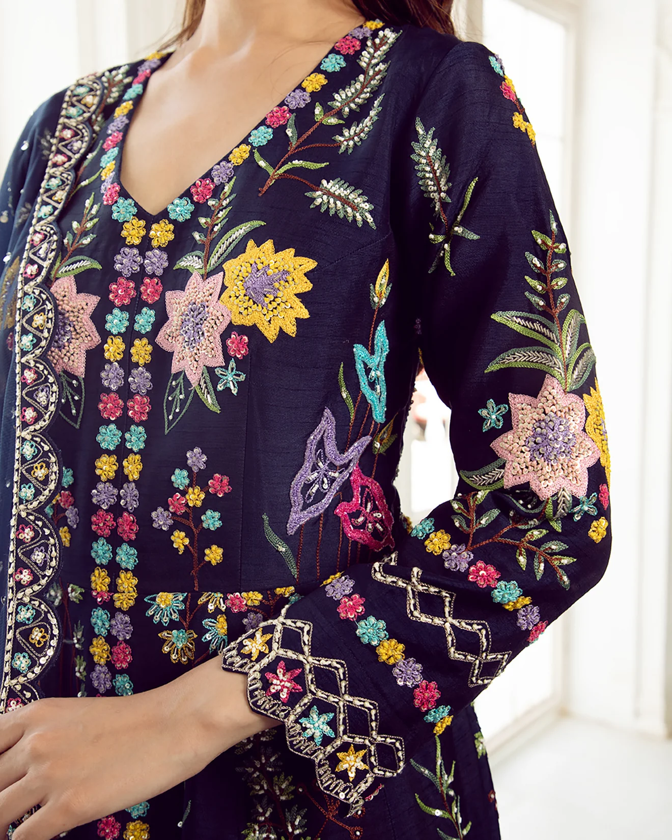 Oxford Blue Embroidered Front Slit Suit Set - Image 4