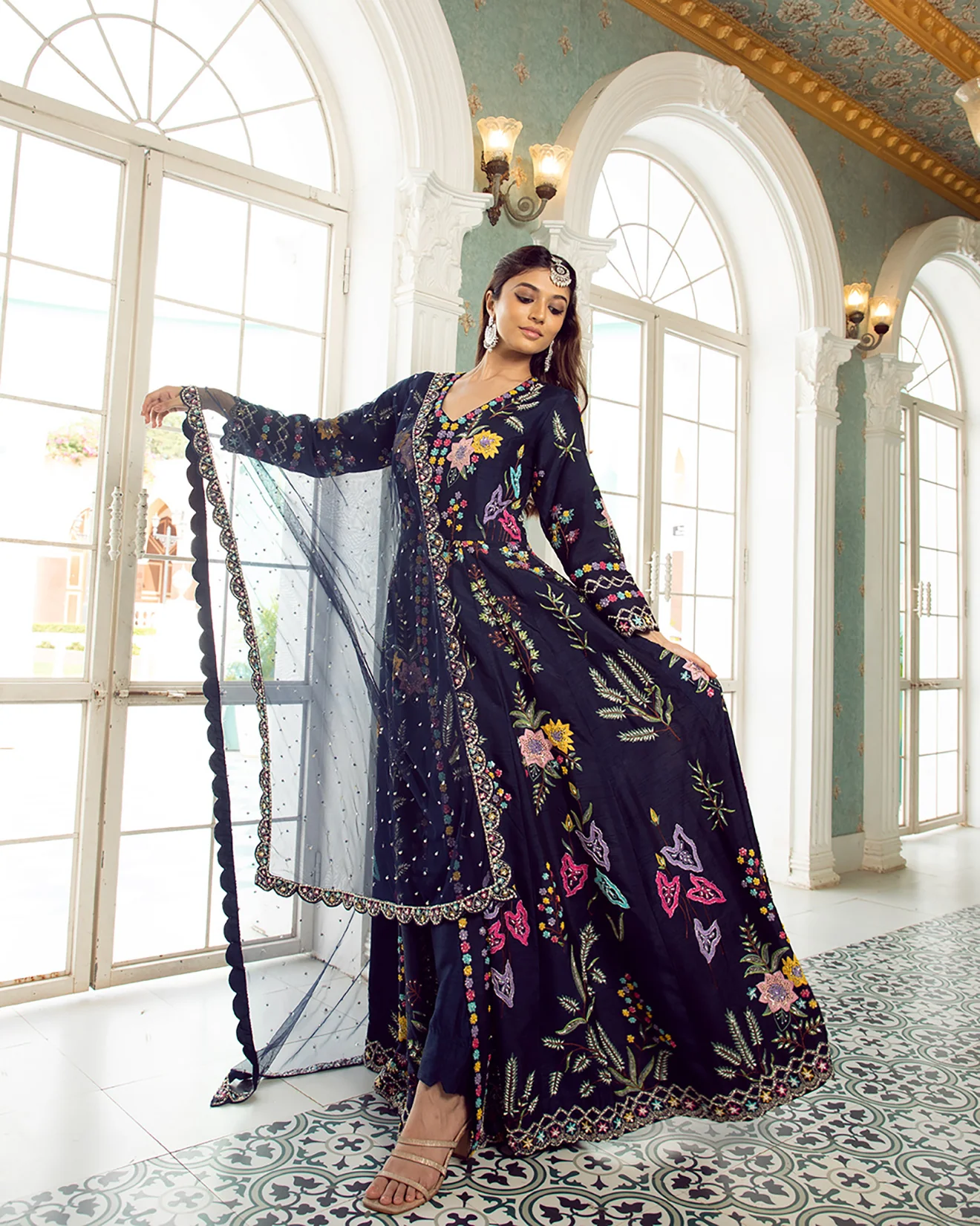 Oxford Blue Embroidered Front Slit Suit Set - Image 5