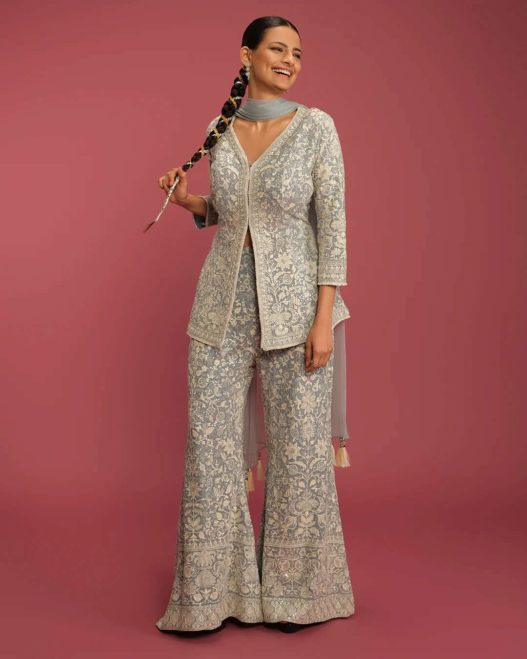 Pale Blue Lucknowi Fusion Set