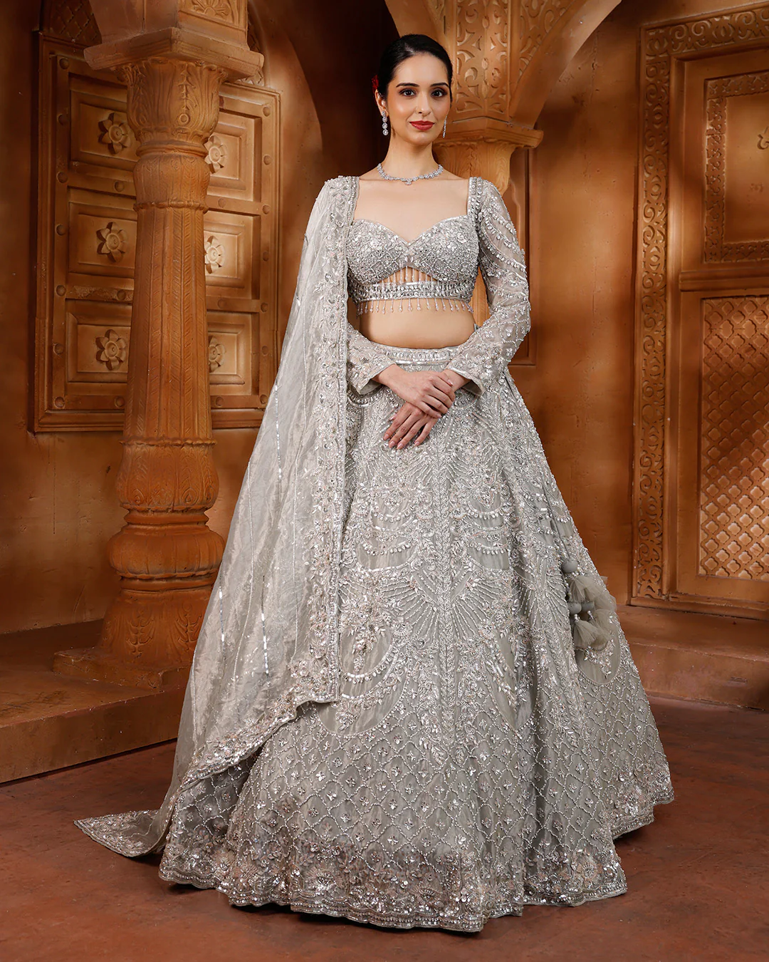 Pale Shimmer Green Net Embellished Lehenga For Sangeet - Image 2
