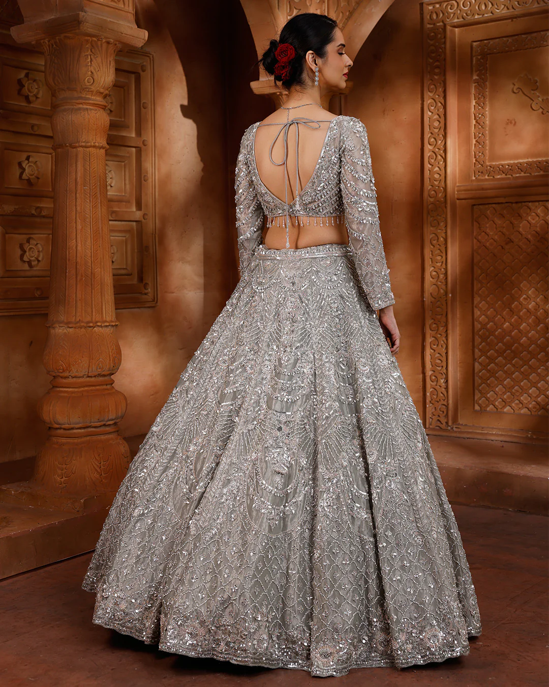Pale Shimmer Green Net Embellished Lehenga For Sangeet - Image 4