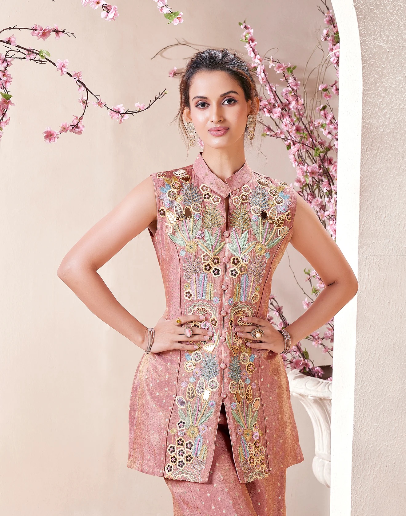 Salmon Peach Shimmer Silk Embroidered Koti Salwar Suit - Image 2