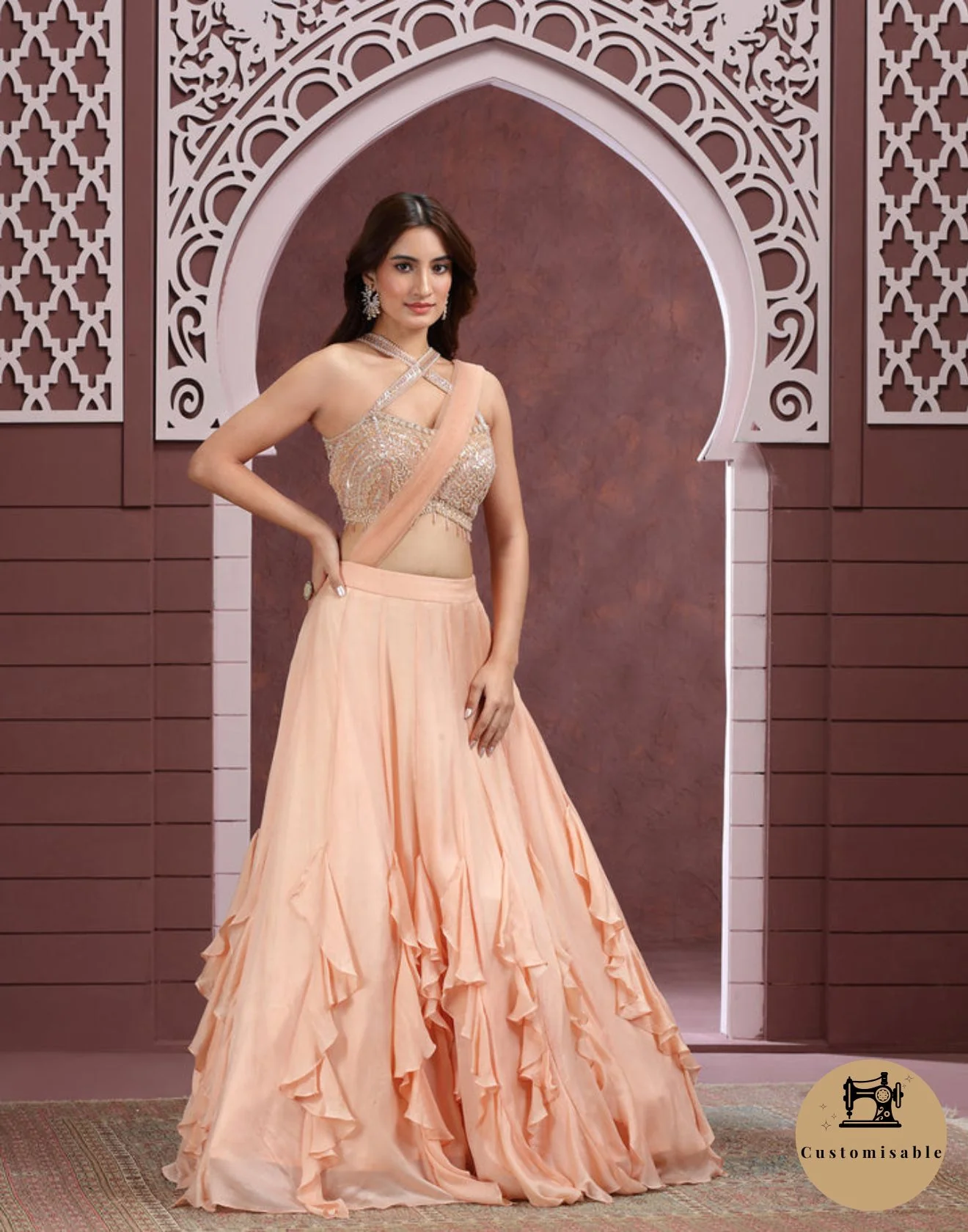 Peach Whirl Ruffle Lehenga Set