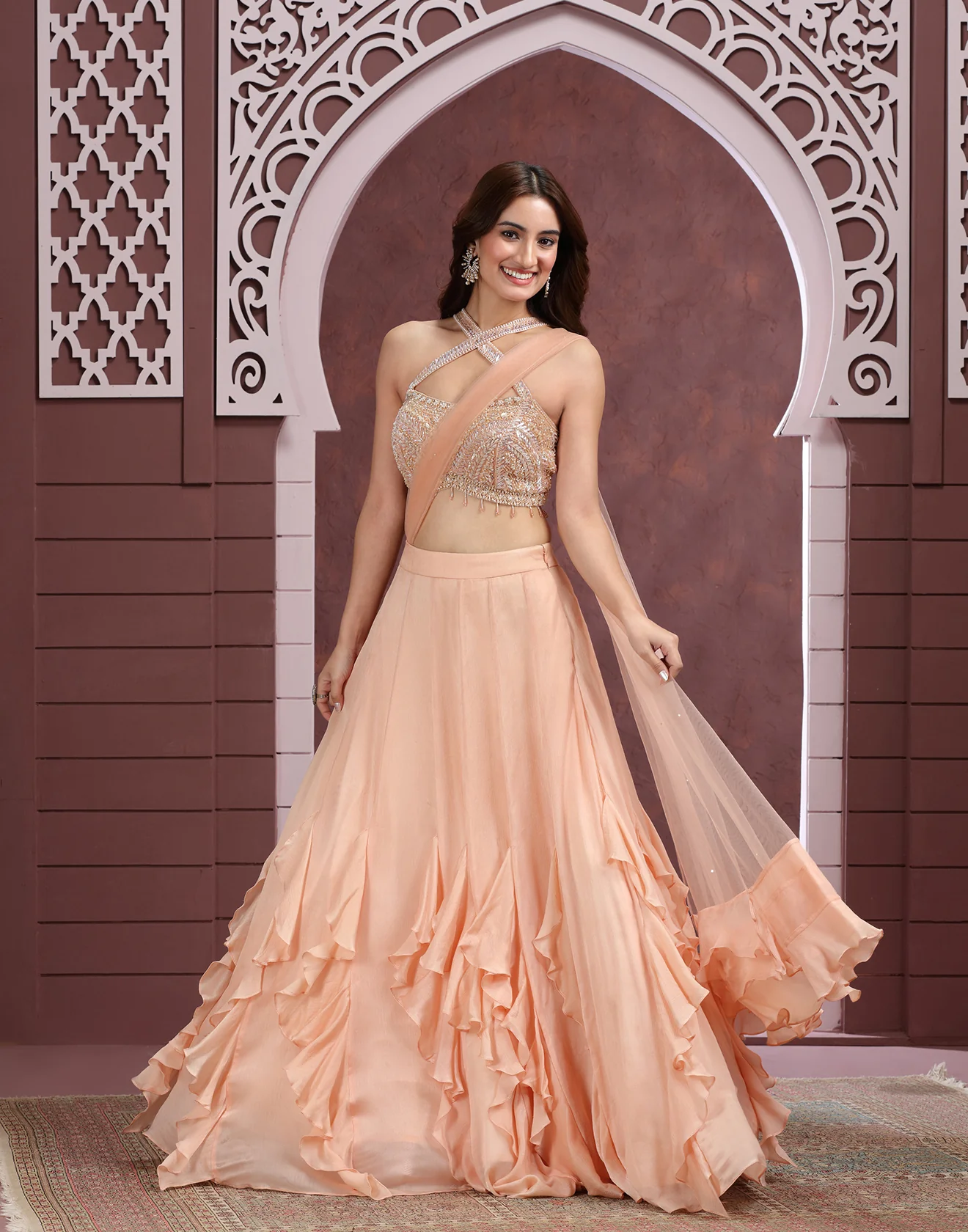 Peach Whirl Ruffle Lehenga Set - Image 2