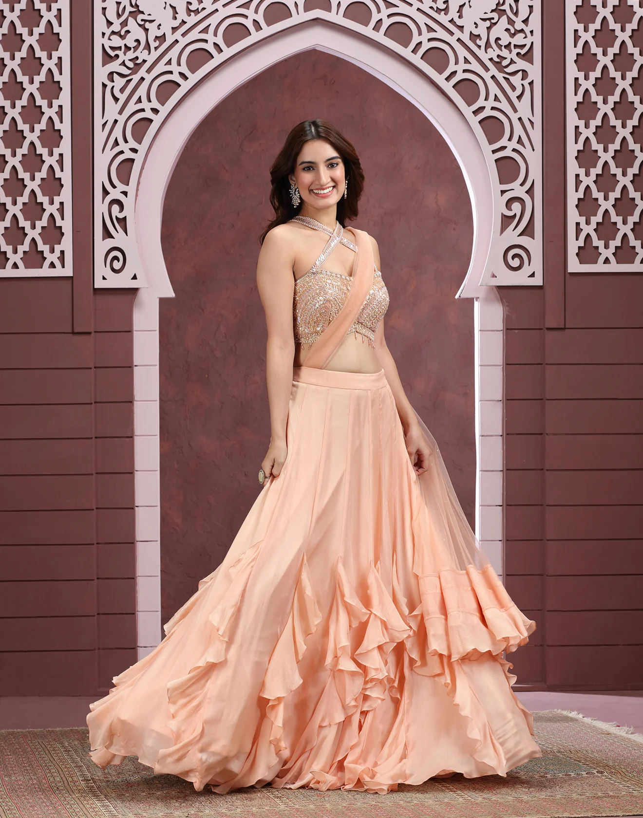 Peach Whirl Ruffle Lehenga Set - Image 3