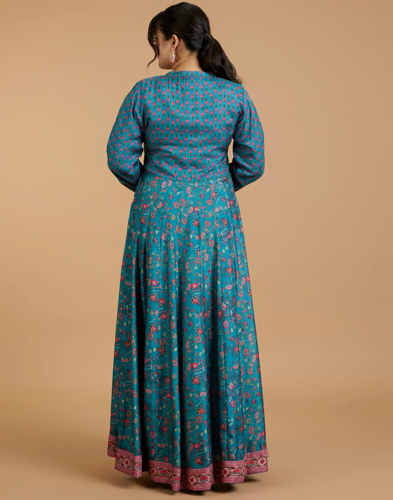 Peacock Blue Kalamkari Printed Kurti With Hand Embroidered Yoke - Image 6