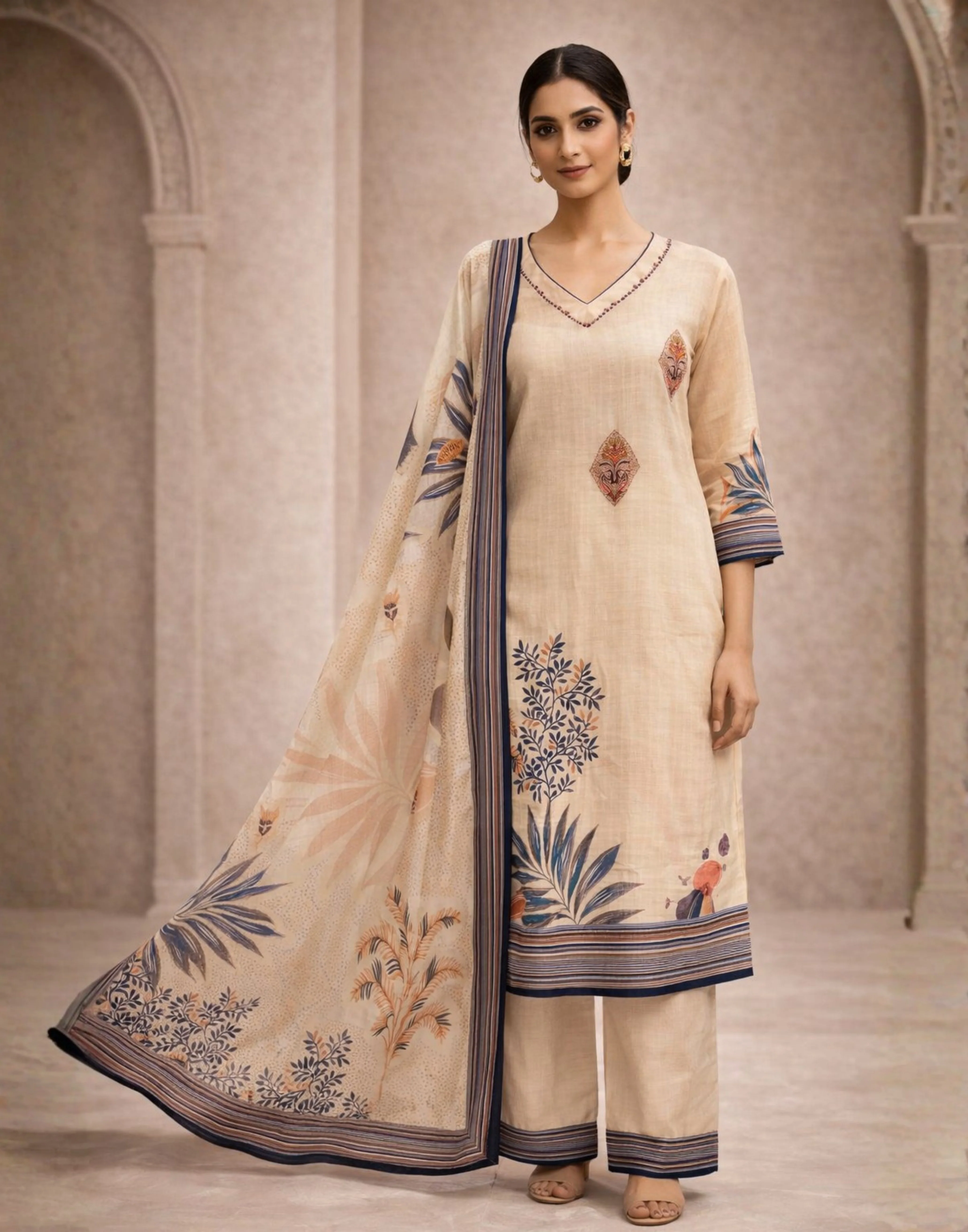 Pearl Beige Linen Kurta With Straight Fit Pant & Dupatta