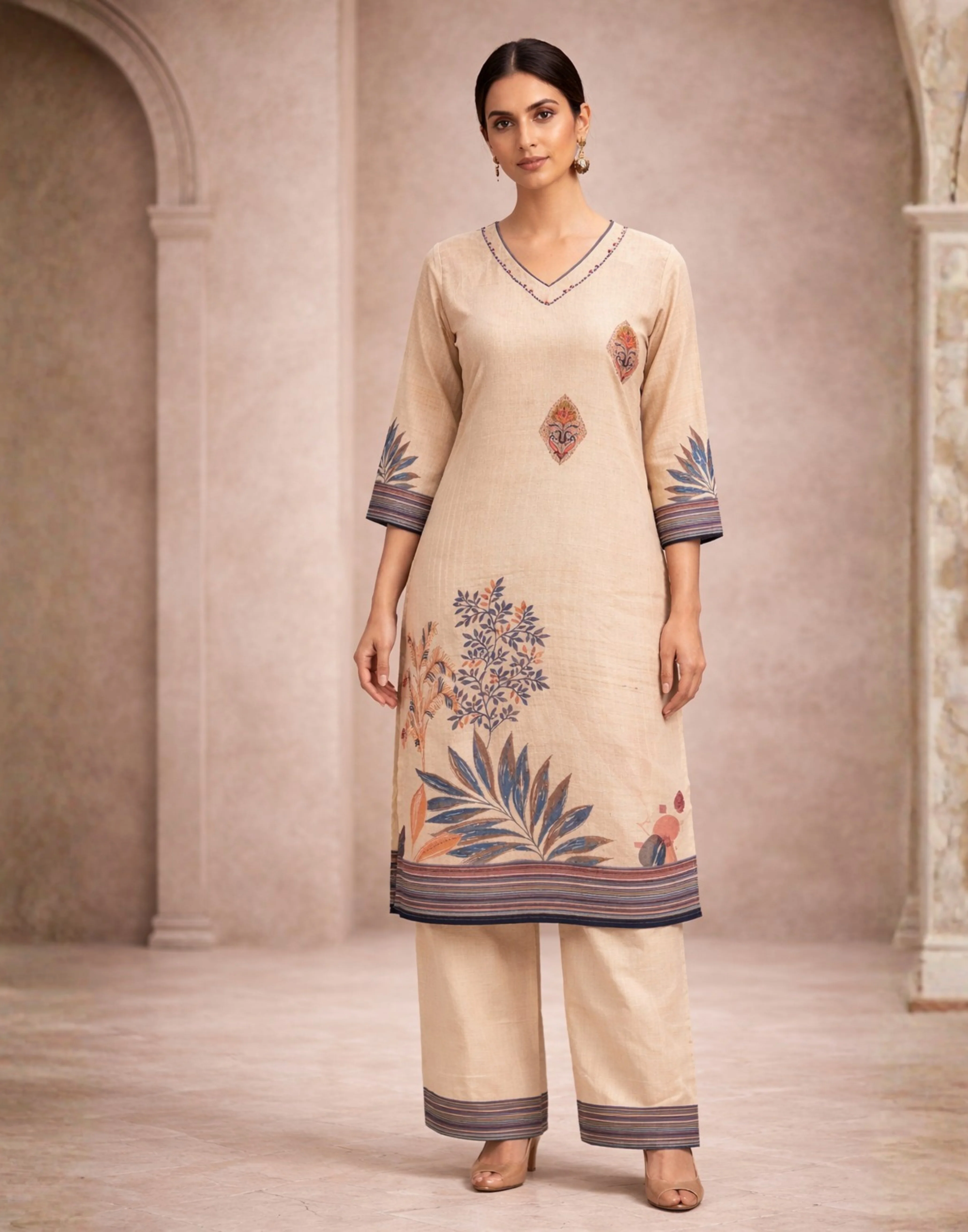 Pearl Beige Linen Kurta With Straight Fit Pant & Dupatta - Image 2