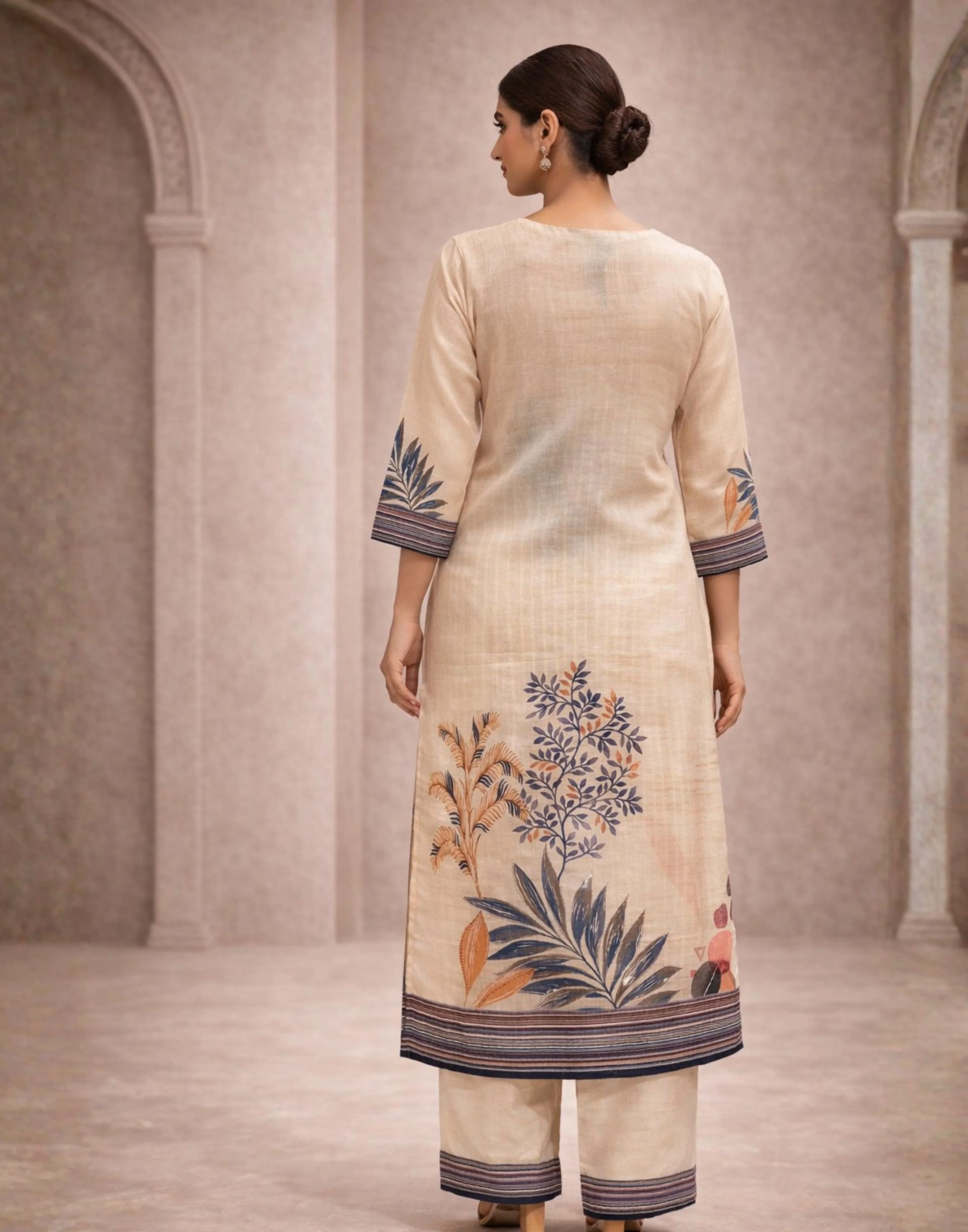 Pearl Beige Linen Kurta With Straight Fit Pant & Dupatta - Image 3