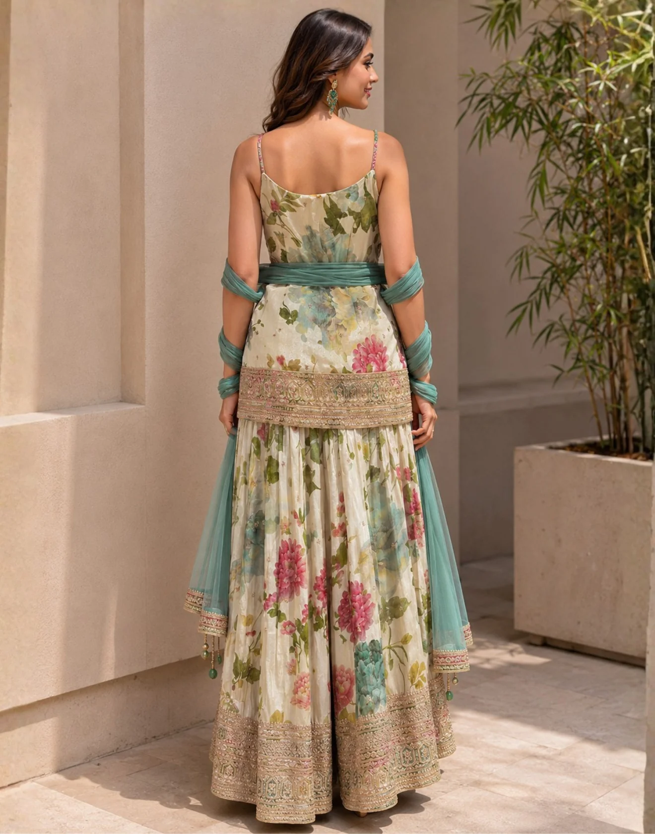 Pearl Beige With Multihue Printed Festive Gharara Set - Image 2