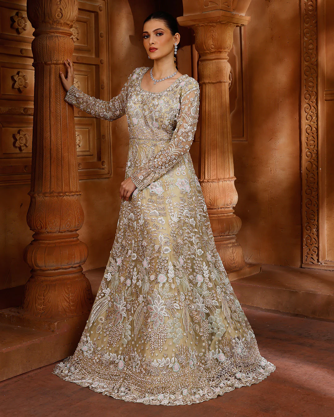 Pearl Cream Embroidered Bridal Gown For Wedding - Image 2