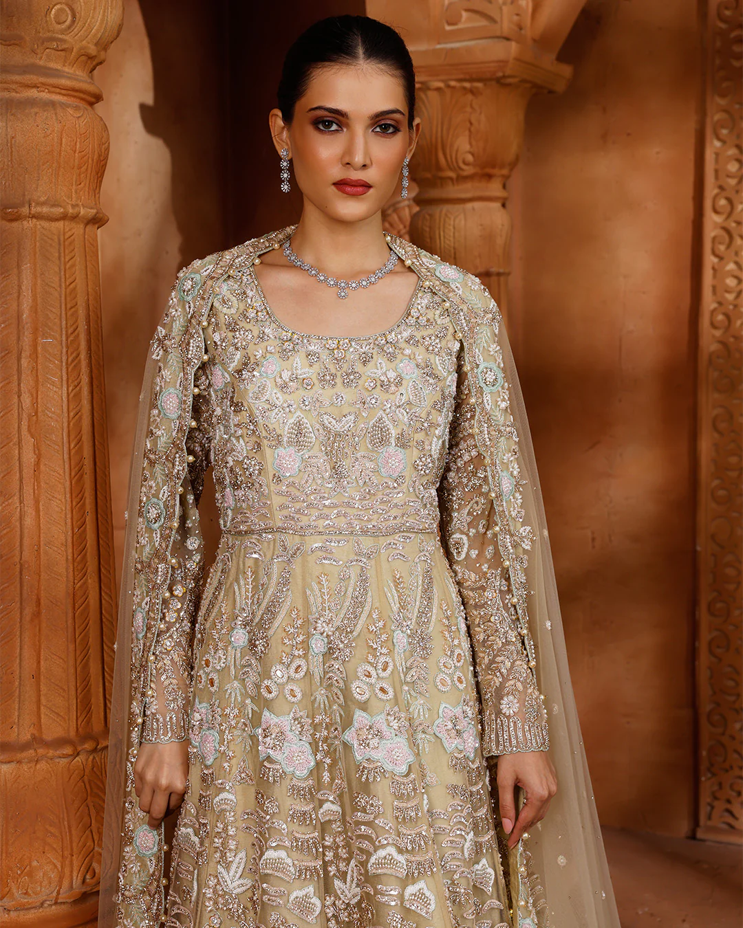 Pearl Cream Embroidered Bridal Gown For Wedding - Image 3