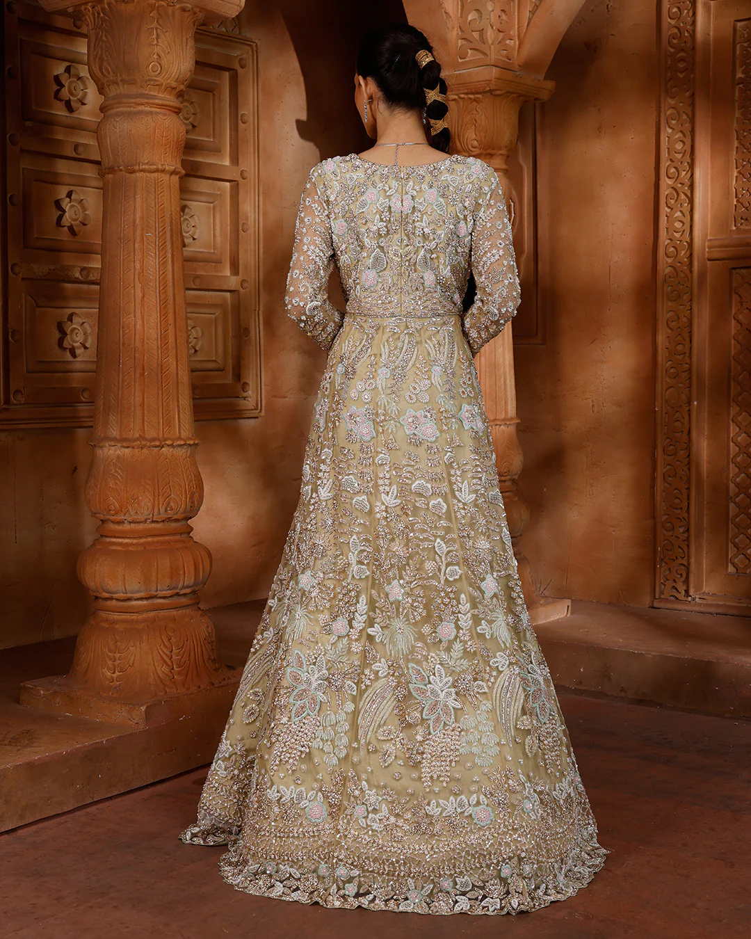 Pearl Cream Embroidered Bridal Gown For Wedding - Image 4