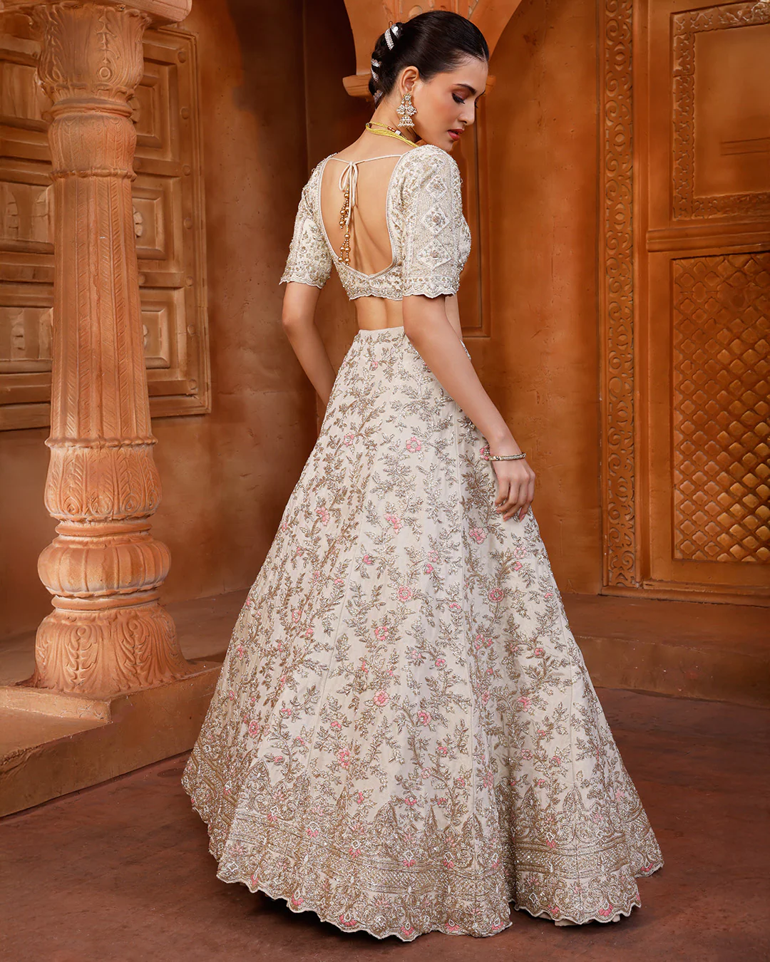 Pearl Ivory Lehenga Set With Unstitched Blouse Fabric And Contrast Red Dupatta - Image 3