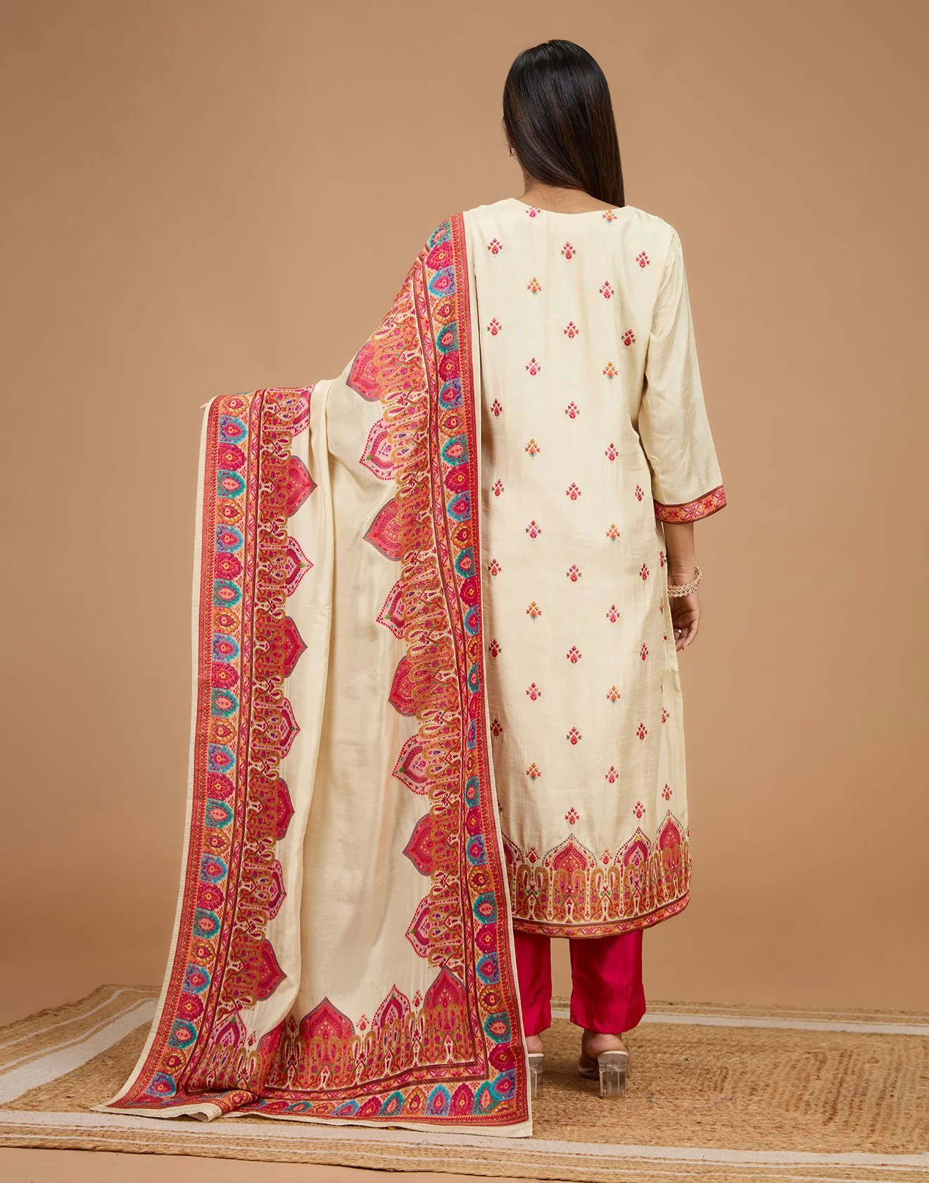 Pearl White And Berry Pink Woven Silk Unstitched Suit Set - Image 6