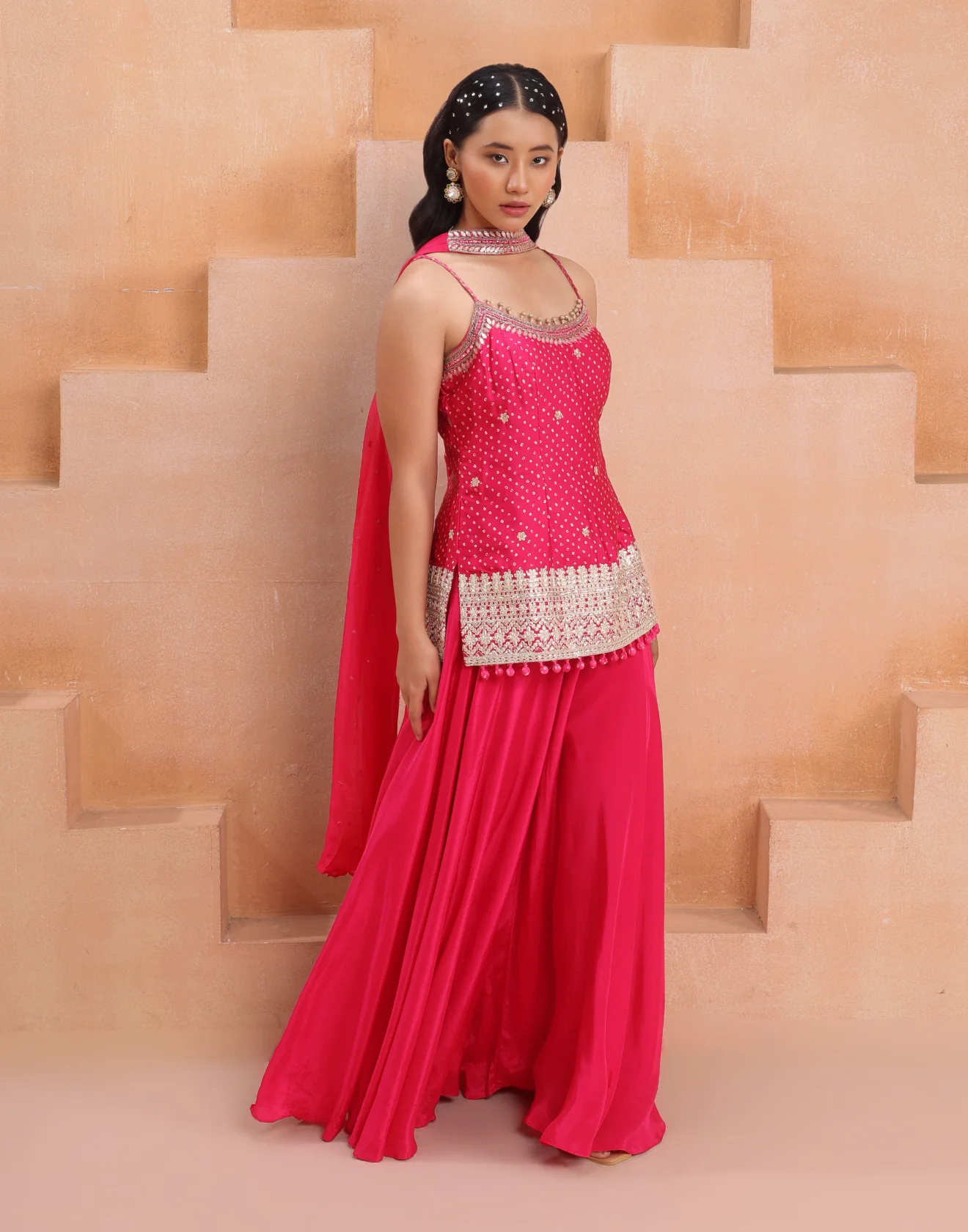Peony Pink Bandhej Printed Palazzo Salwar Suit Set