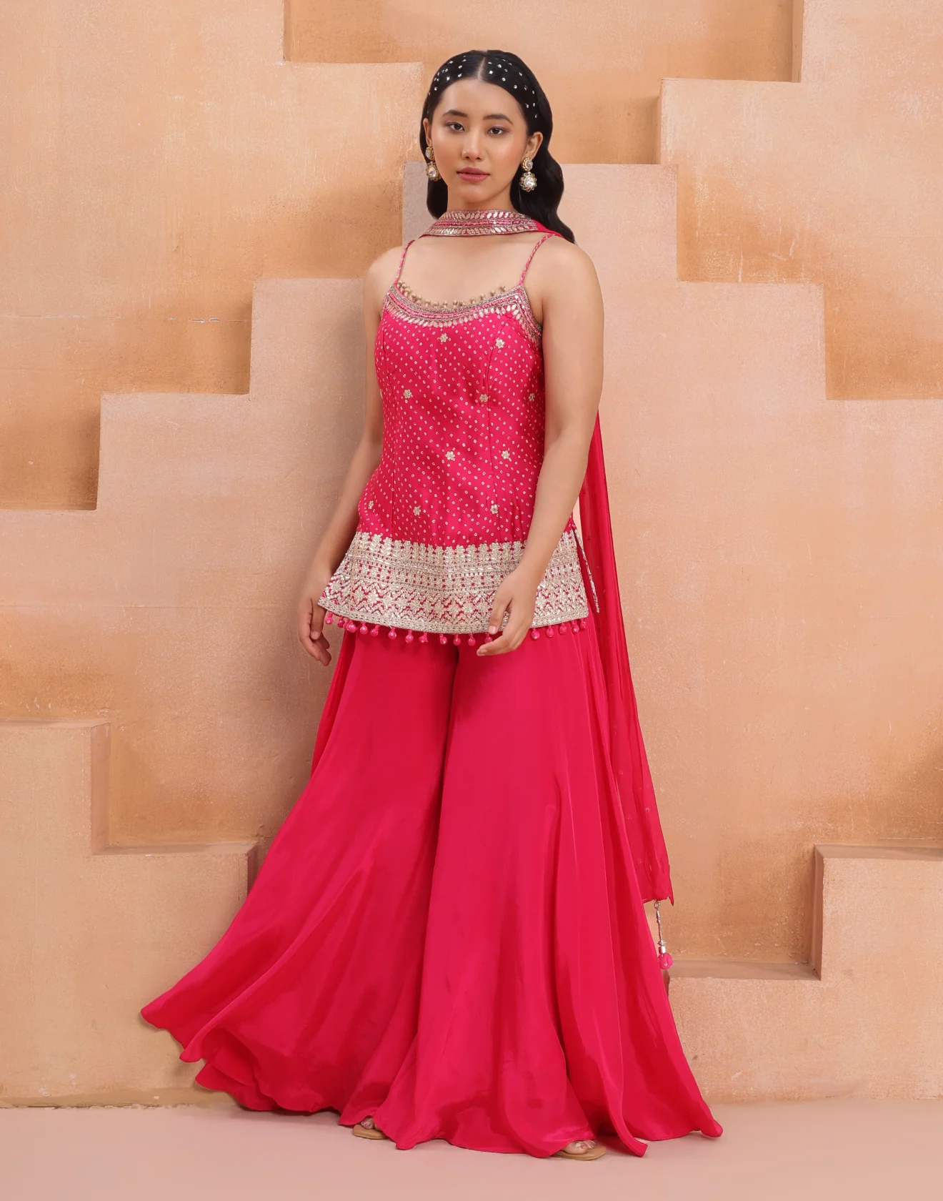 Peony Pink Bandhej Printed Palazzo Salwar Suit Set - Image 2