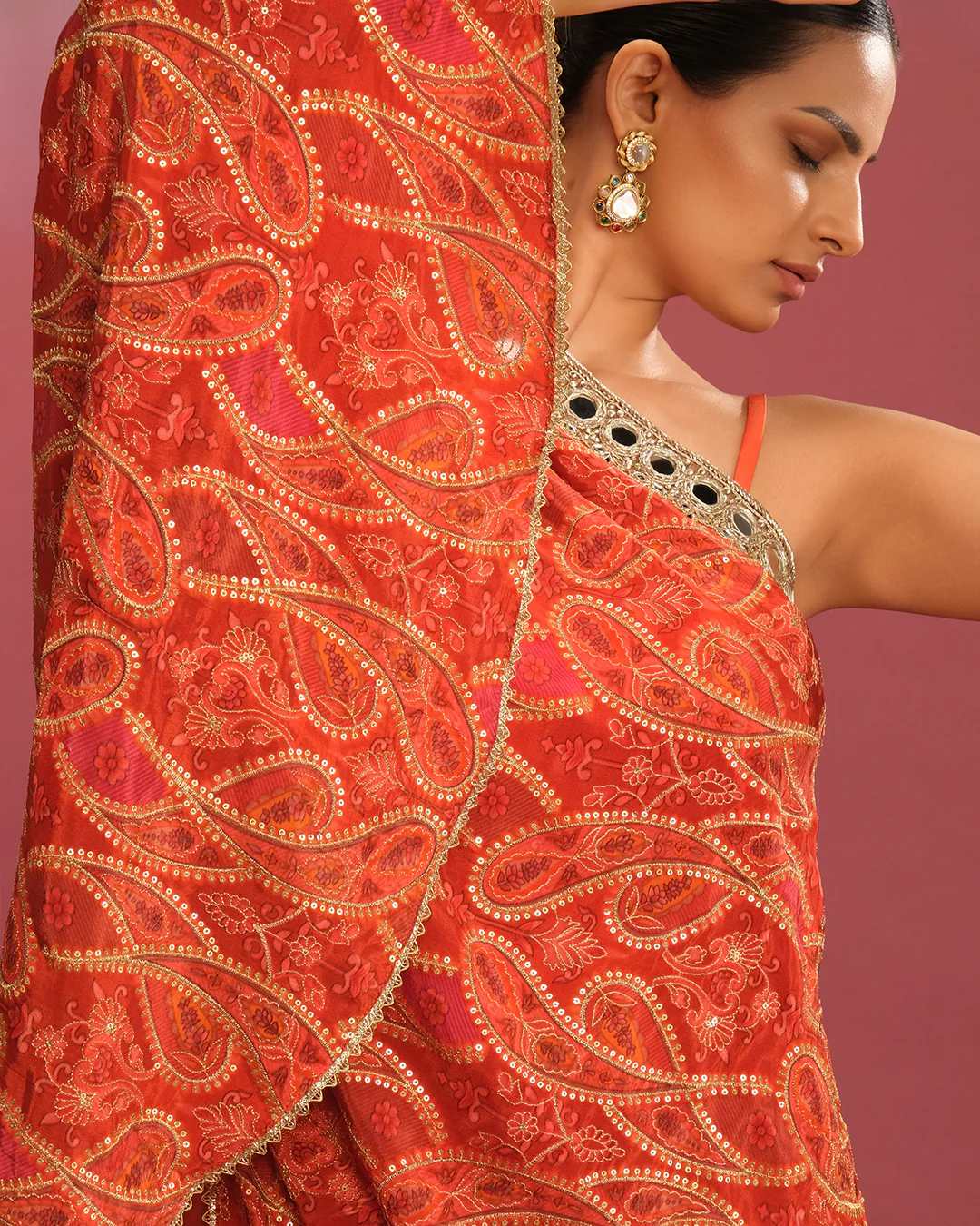 Persimmon Pop Paisley Printed Off-Shoulder Cape With Dhoti Pant Set - Image 3