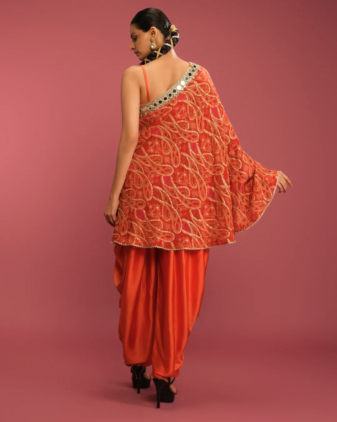 Persimmon Pop Paisley Printed Off-Shoulder Cape With Dhoti Pant Set - Image 4