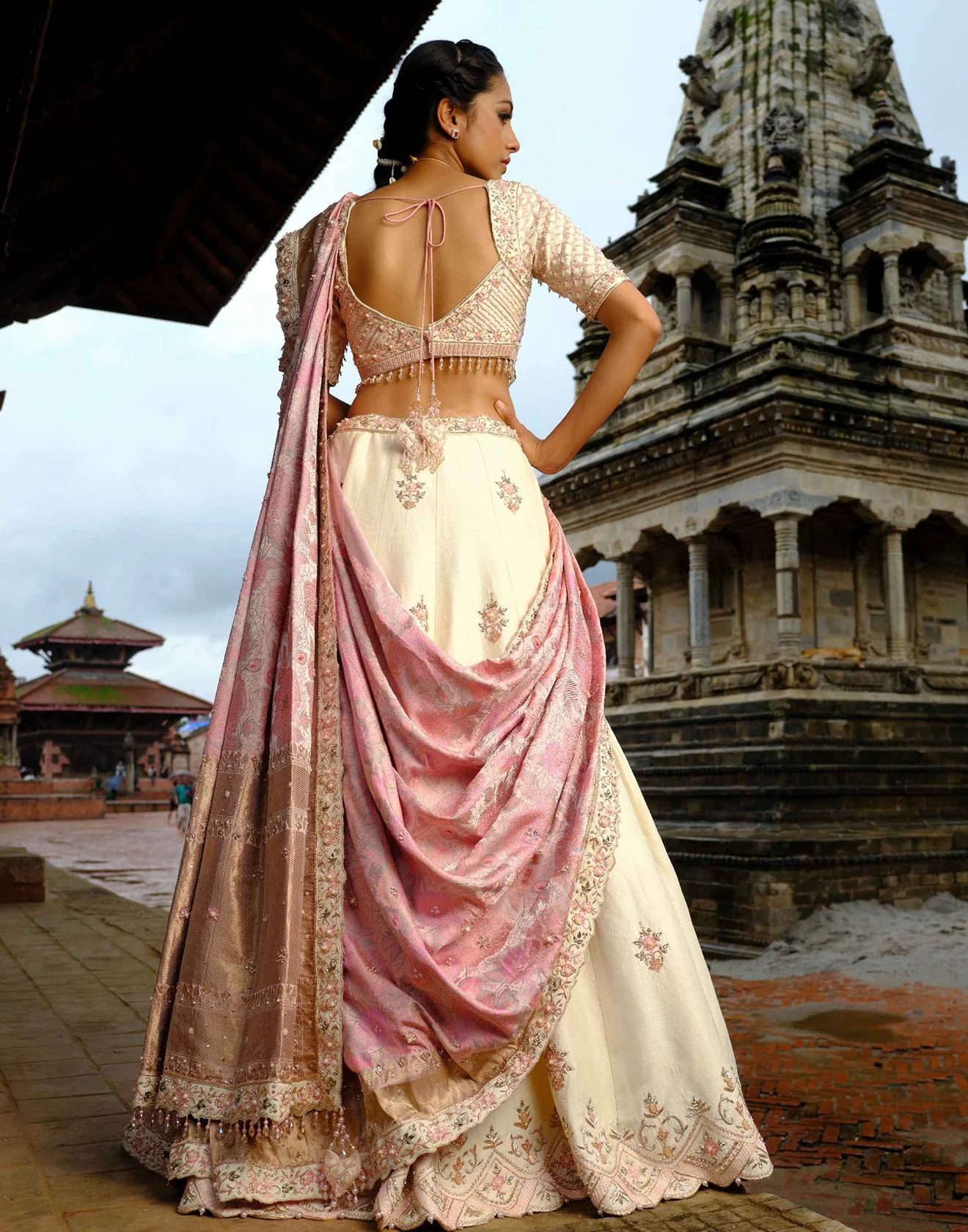 Petal Pink Pure Banarasi Silk Saree With Blouse & Ivorvy Lehenga - Image 3