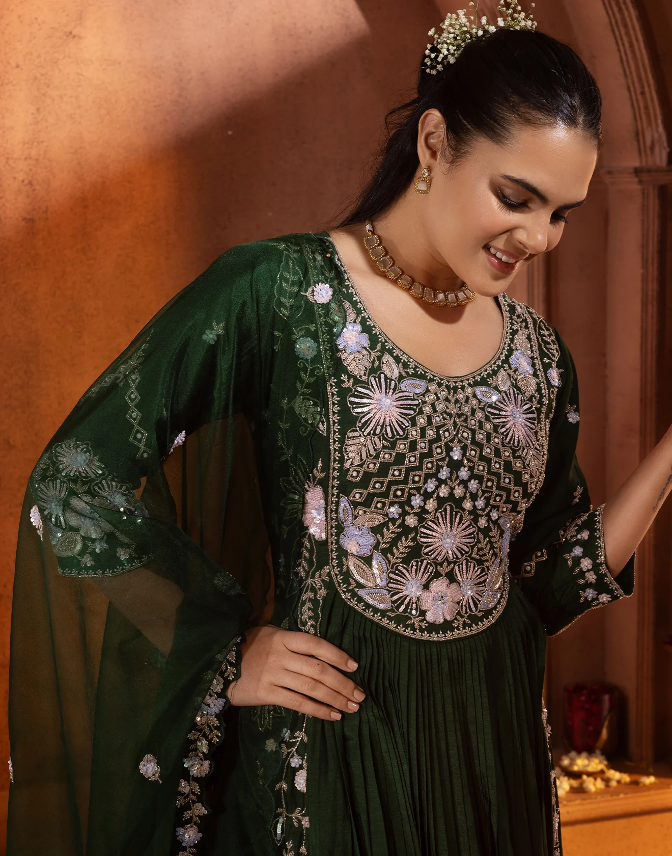 Phthalo Green Festive Embroidered Anarkali Set - Image 3