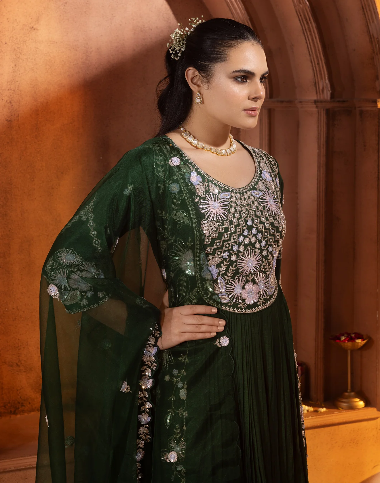 Phthalo Green Festive Embroidered Anarkali Set - Image 4