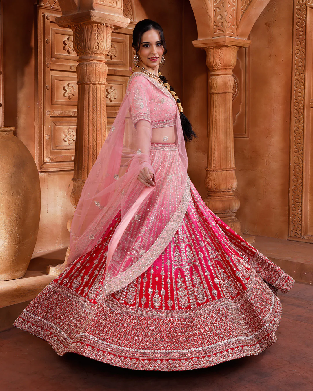 Pink Petals Ombré Bridal Lehenga Set - Image 2
