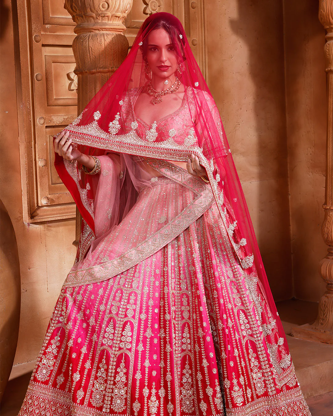 Pink Petals Ombré Bridal Lehenga Set - Image 3