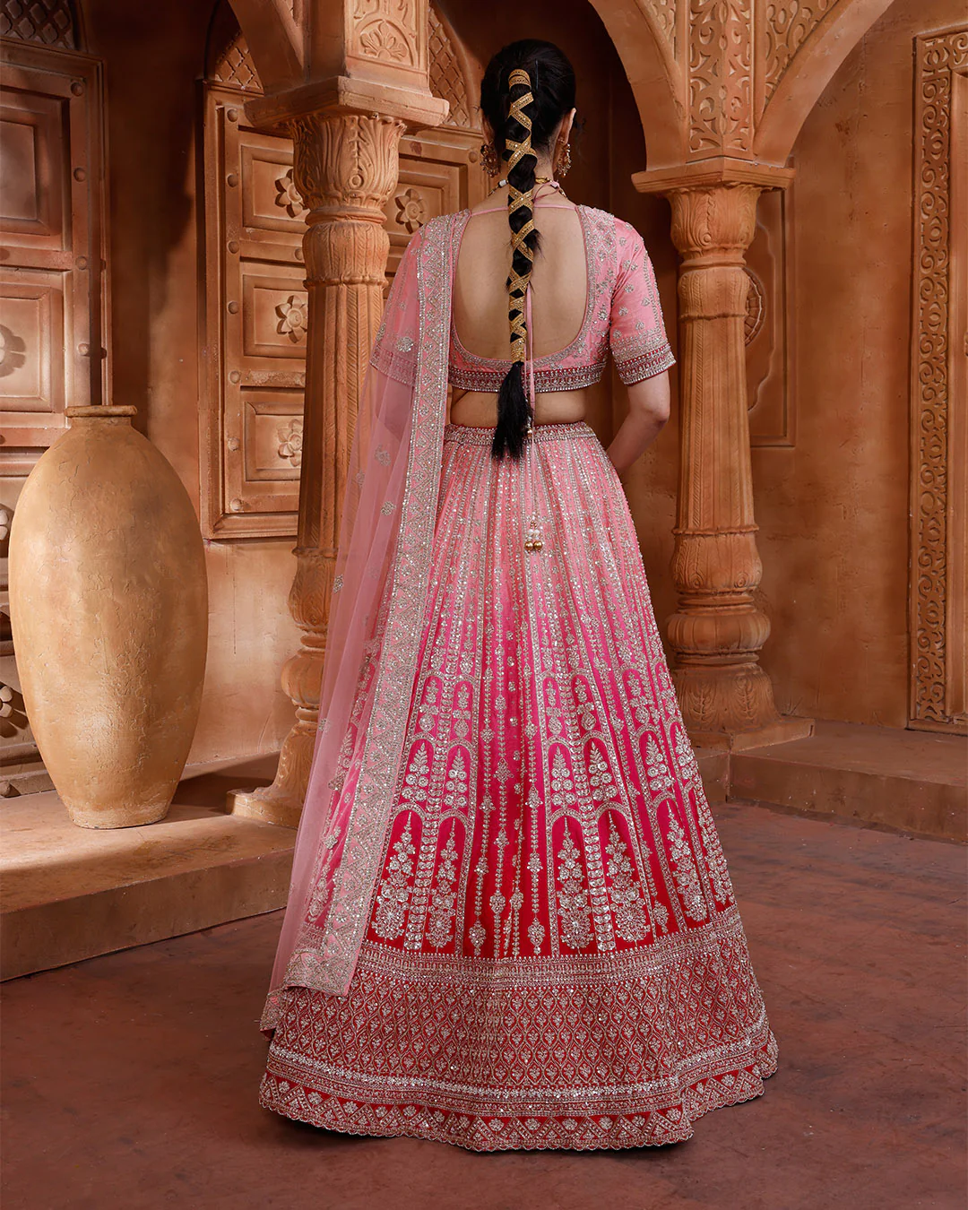 Pink Petals Ombré Bridal Lehenga Set - Image 4